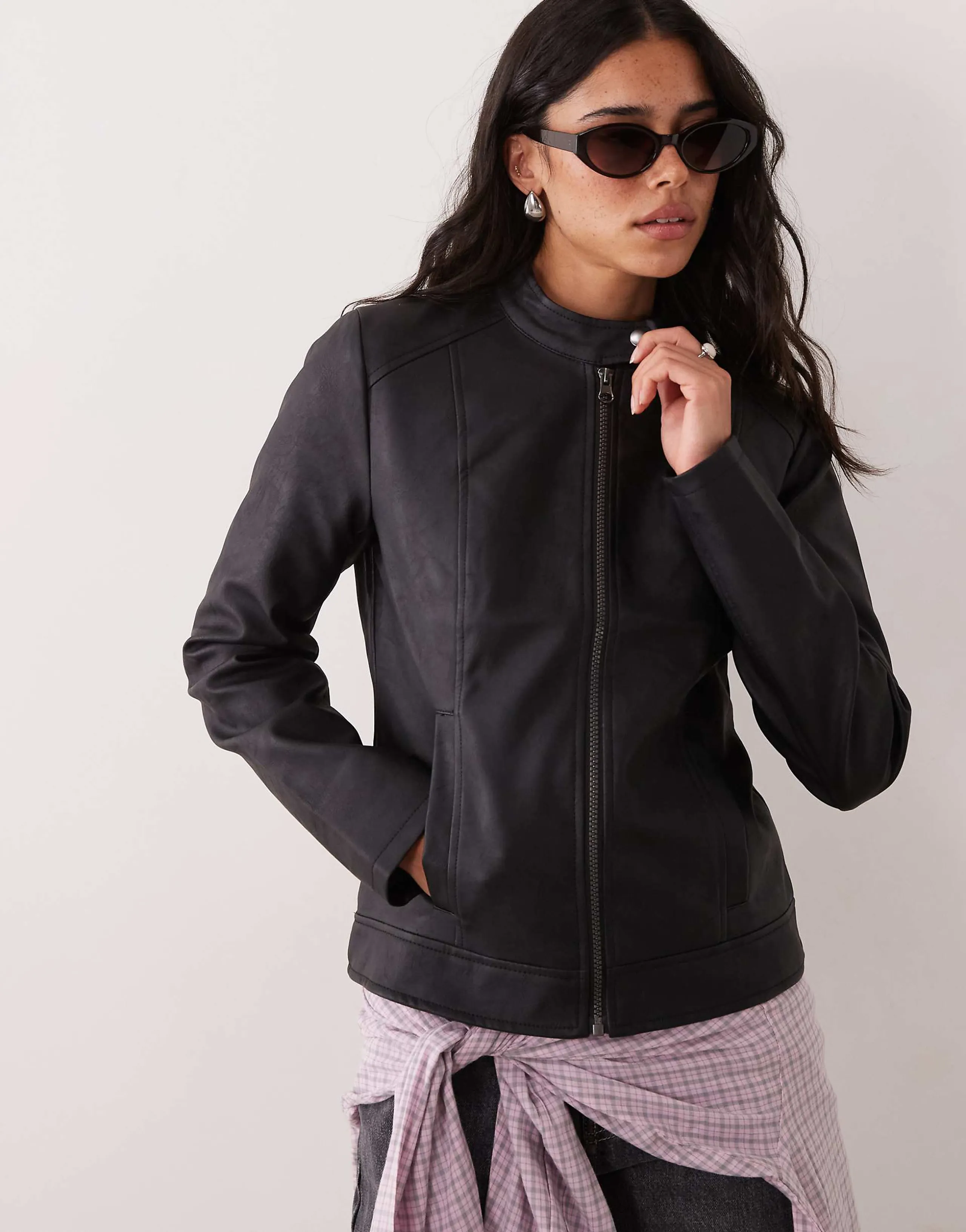 JDY collarless faux leather jacket in black