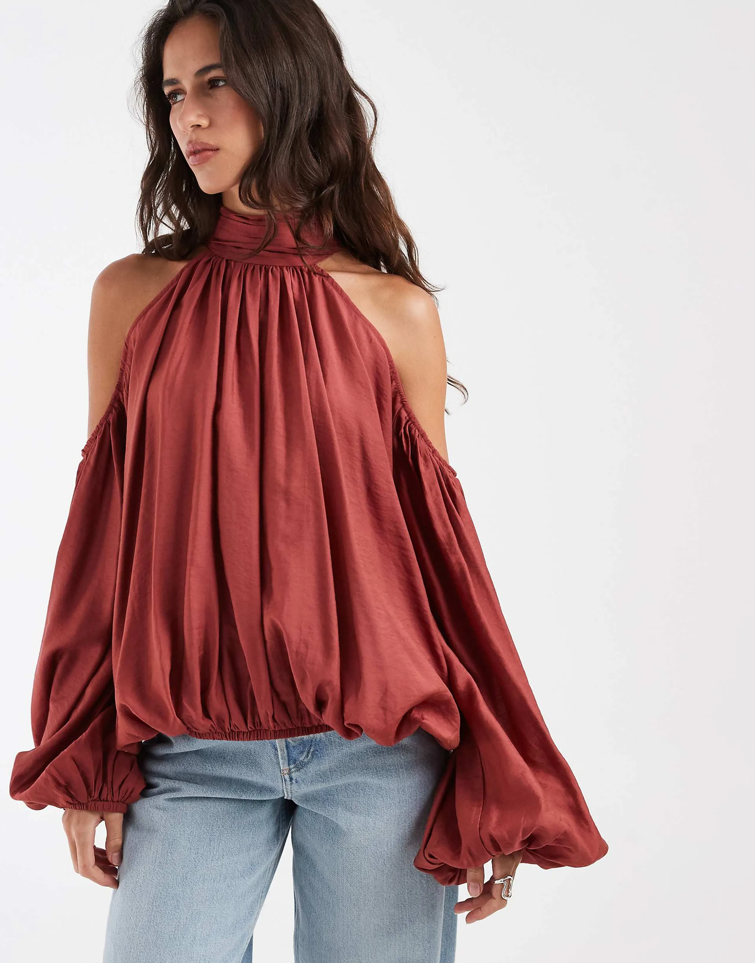 ASOS DESIGN halter neck cold shoulder volume blouse in dusky pink