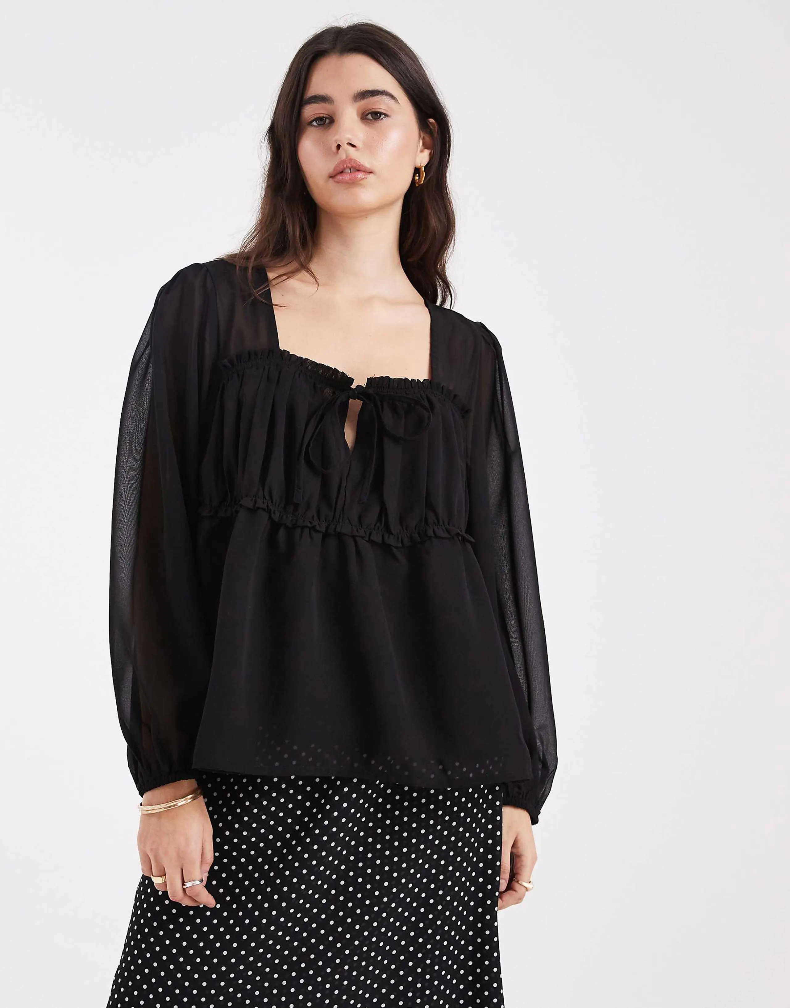 ASOS DESIGN sheer yoke chiffon ruched detail blouse in black