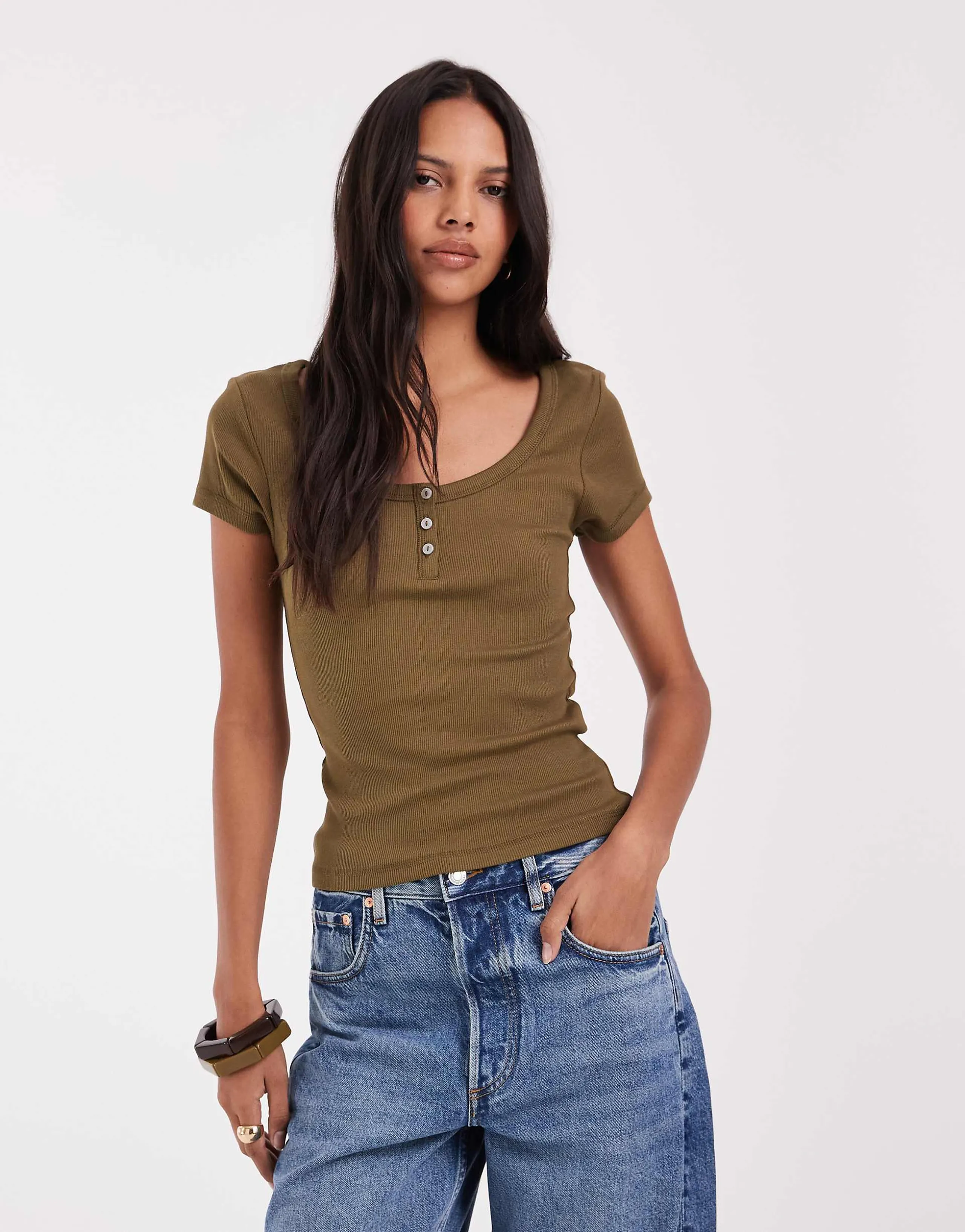 ASOS DESIGN ribbed scoop neck henley baby tee in khaki