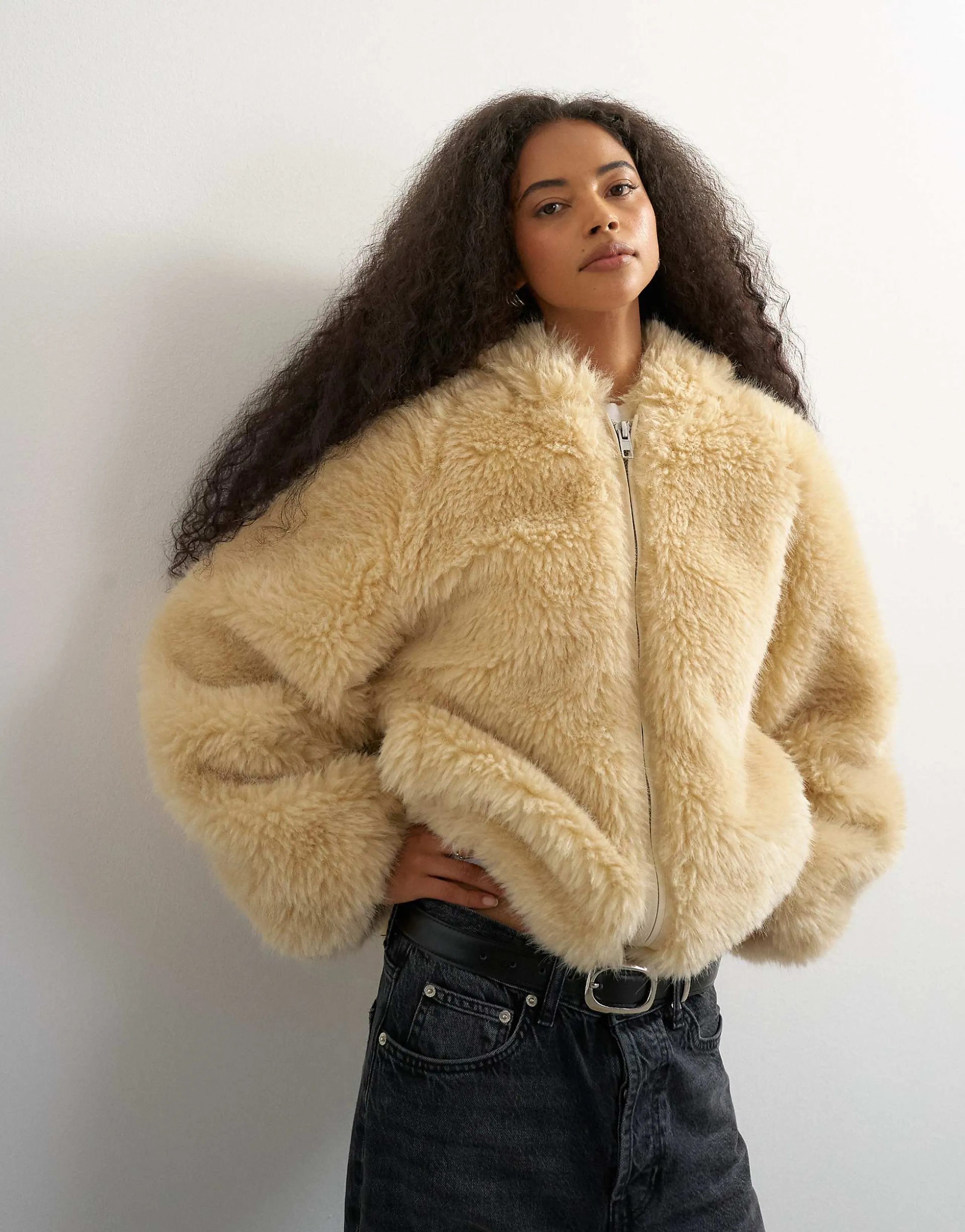 Topshop faux fur zip up hooded jacket in cream