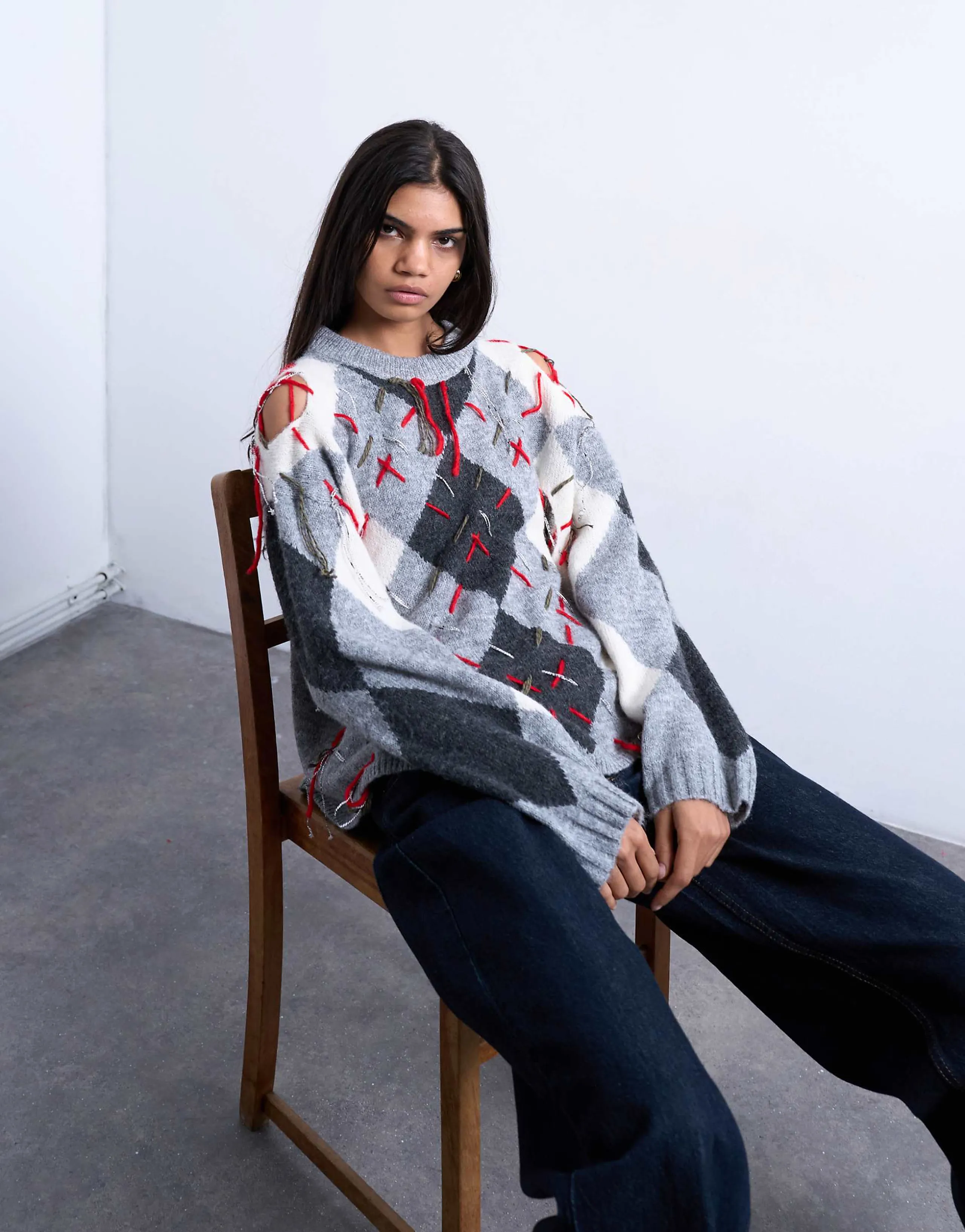 Topshop knit argyle distressed sweater