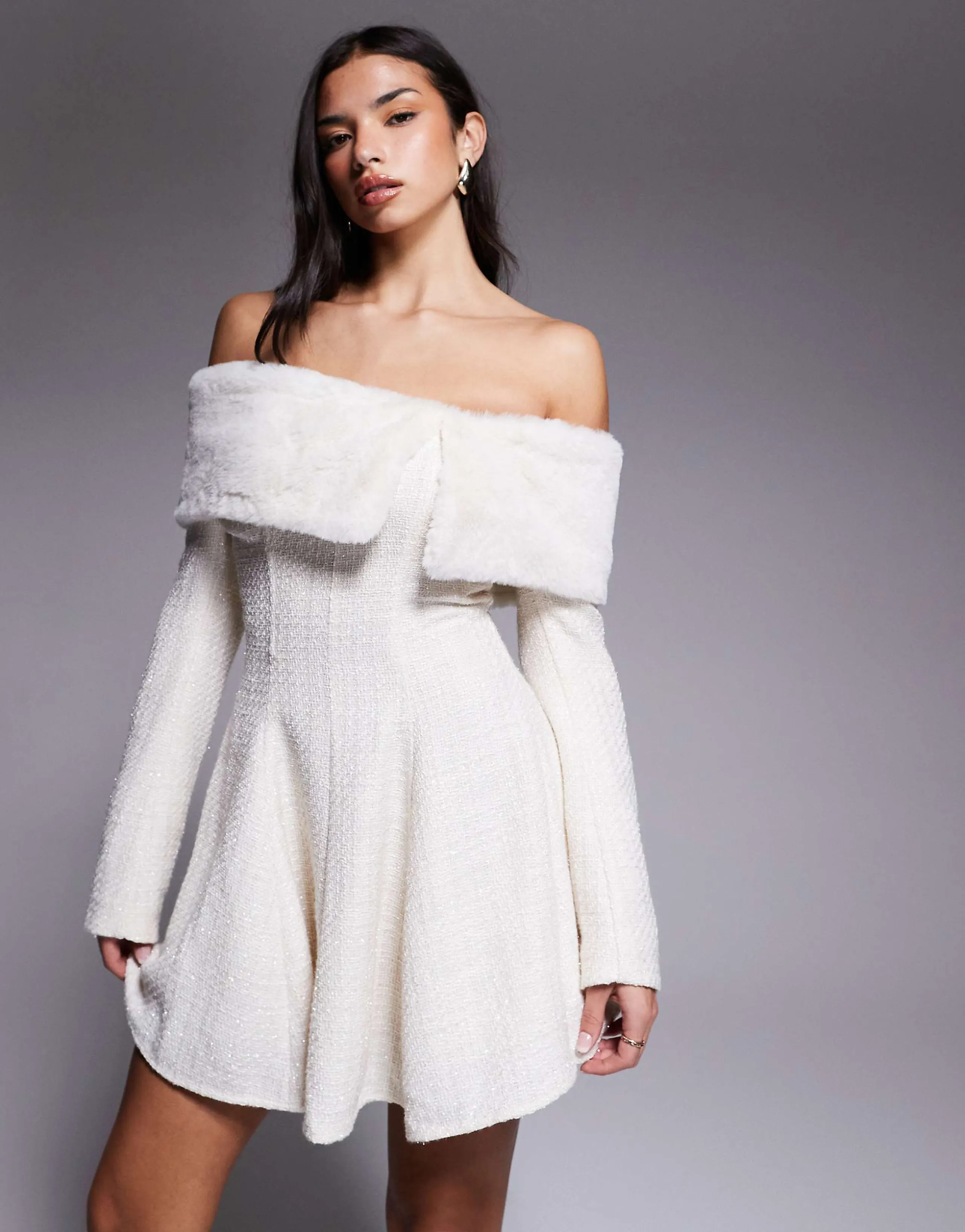 ASOS LUXE boucle mini dress with faux fur trim in cream