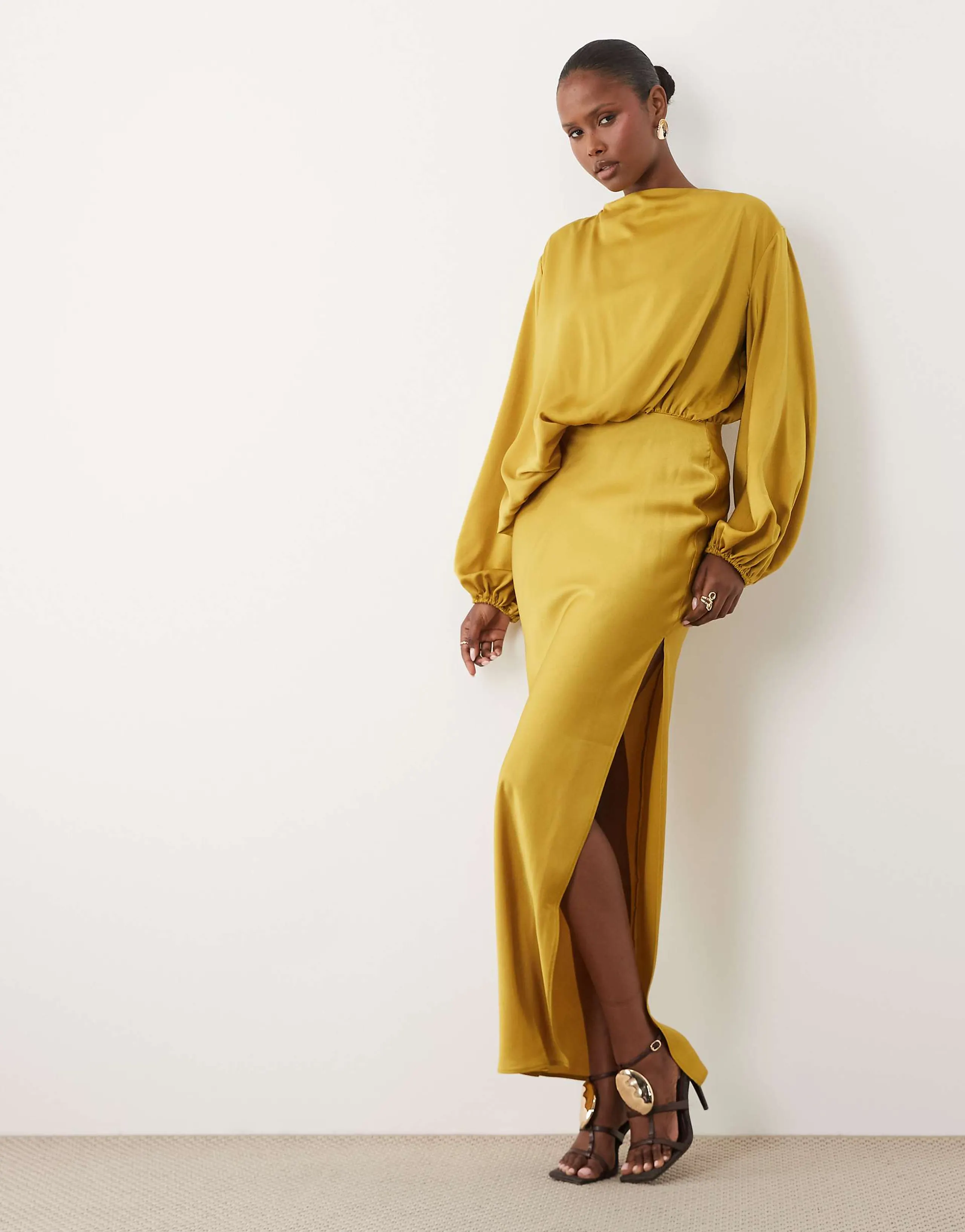 ASOS DESIGN asymmetric bodice maxi dress with blouson sleeves in ochre