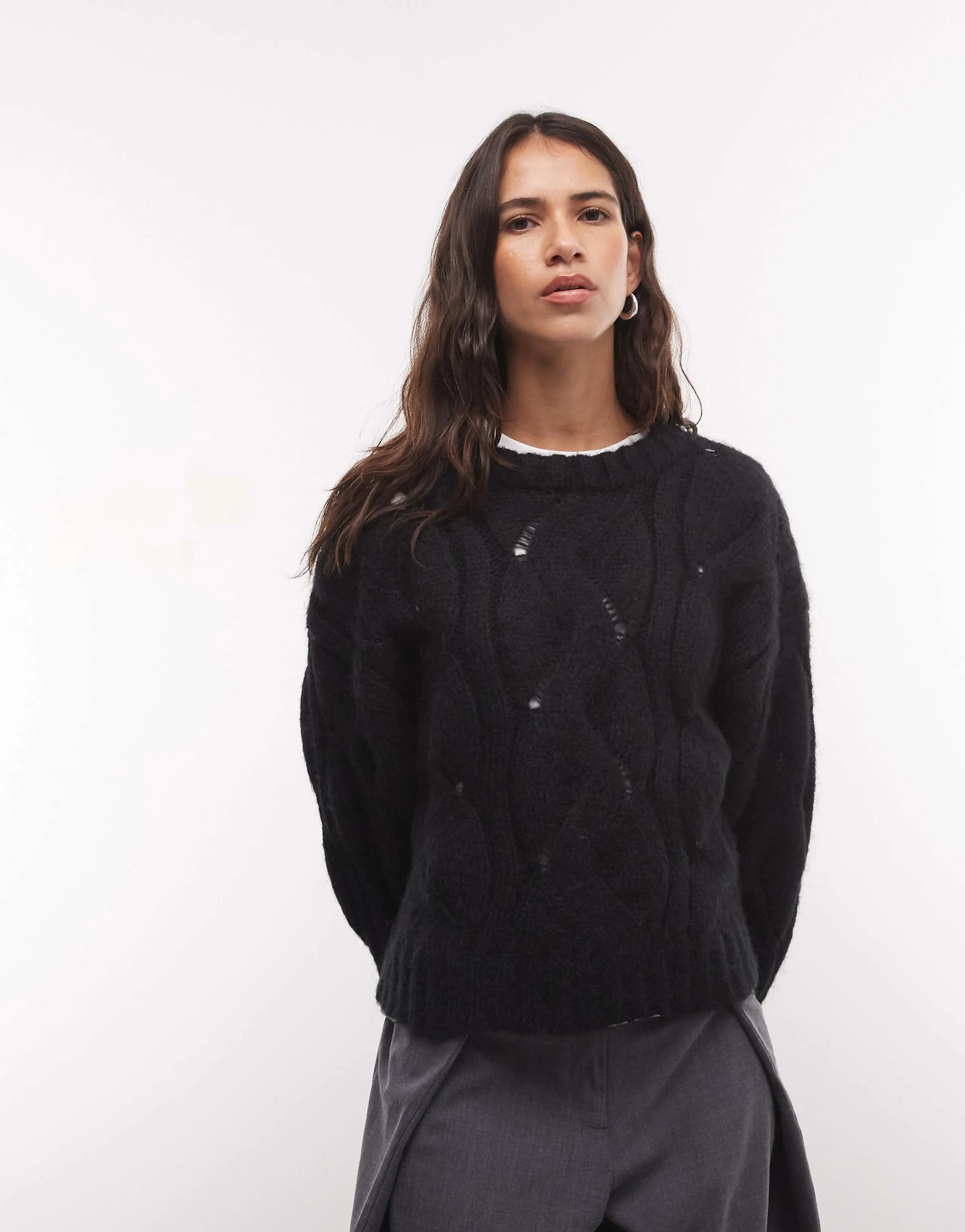 Monki boxy cable knit sweater in black