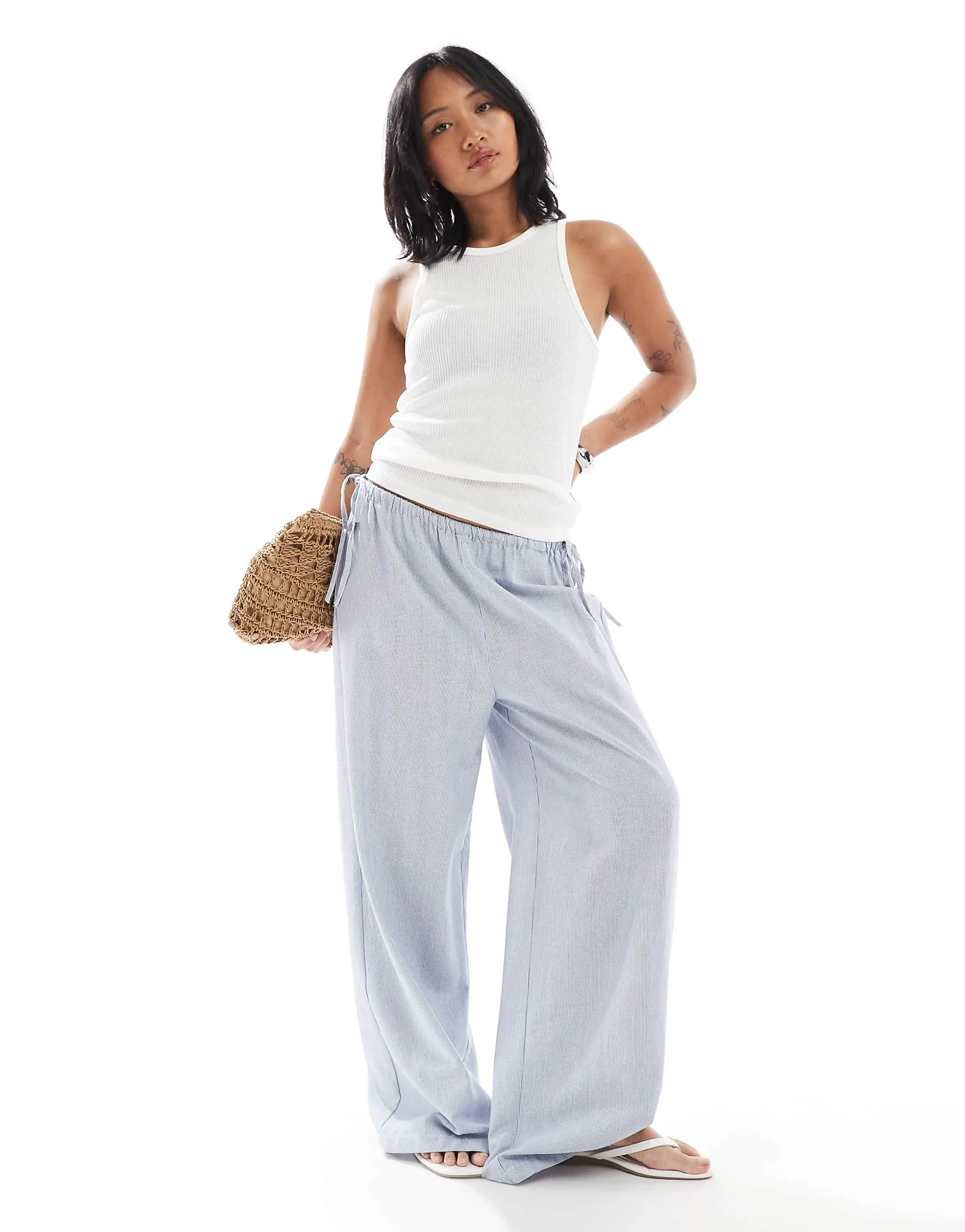 ONLY Petite wide leg tie detail pants in blue stripes