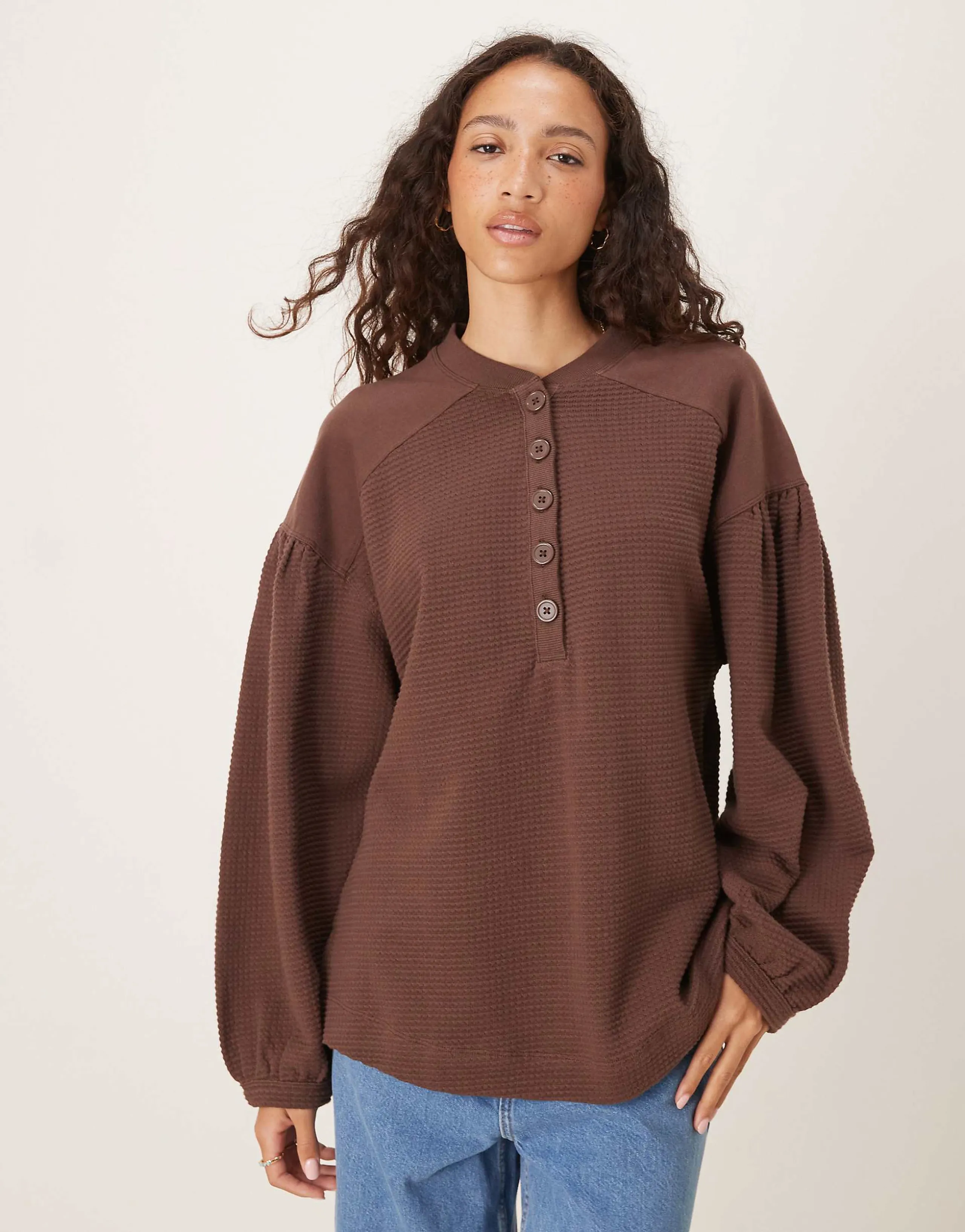 ASOS DESIGN long sleeve waffle henley T-shirt with puff sleeve detail in washed choc