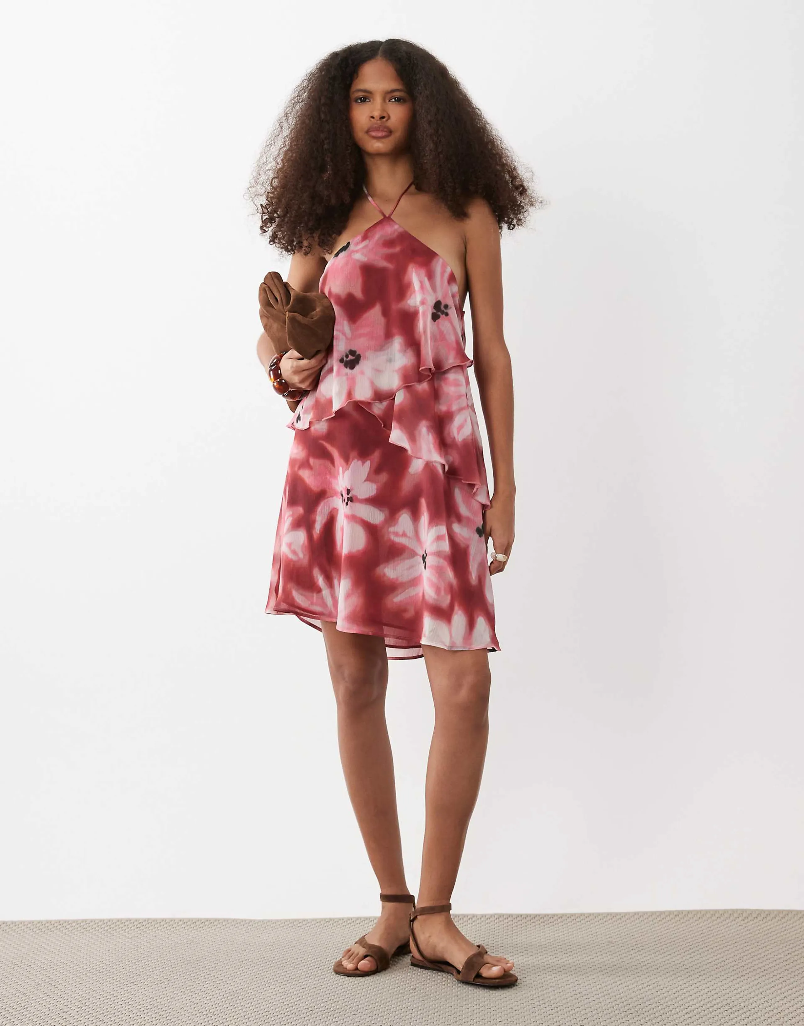 Mango Teen ruffle halterneck mini dress in red floral print