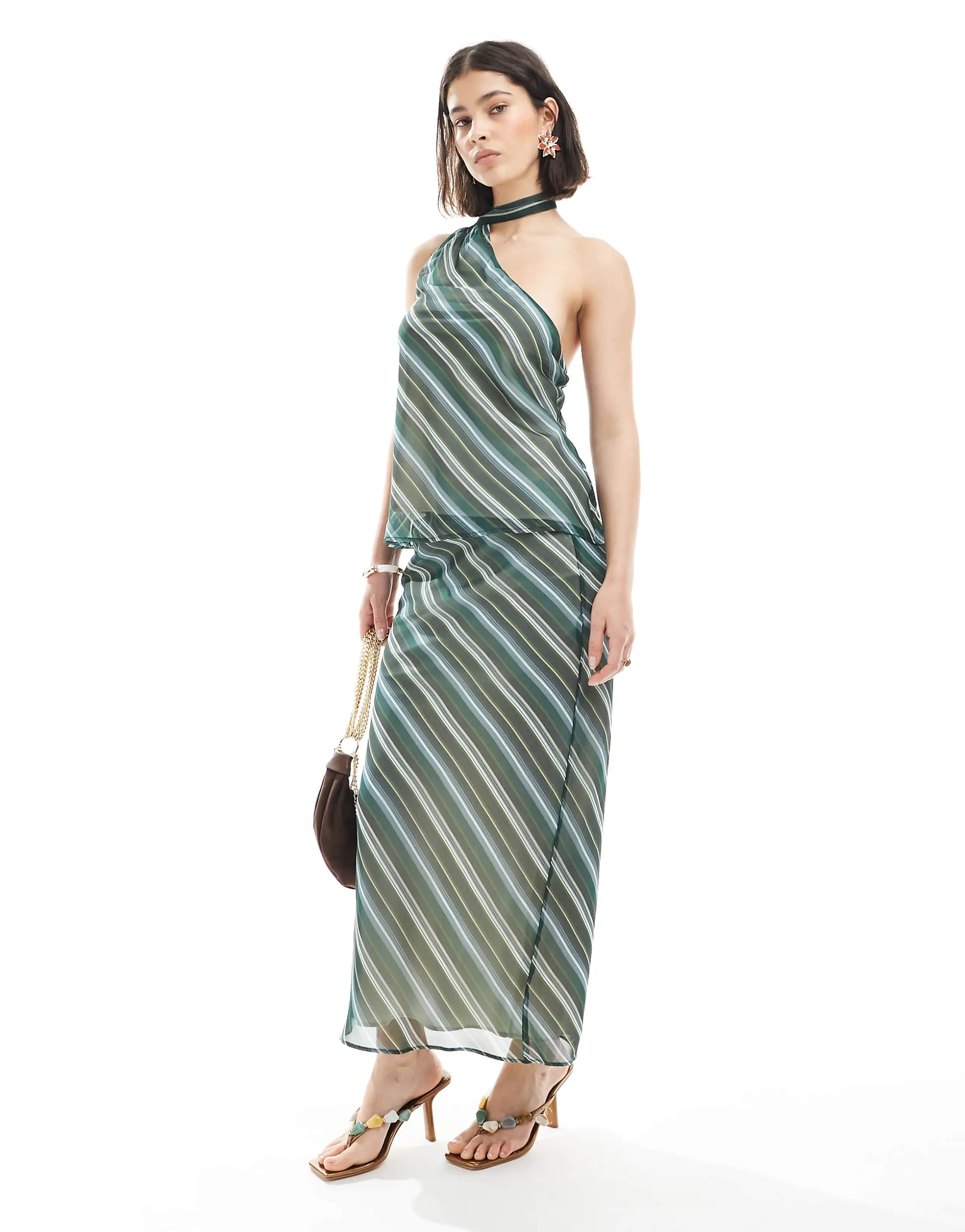 ASOS DESIGN chiffon bias cut maxi skirt in green stripe