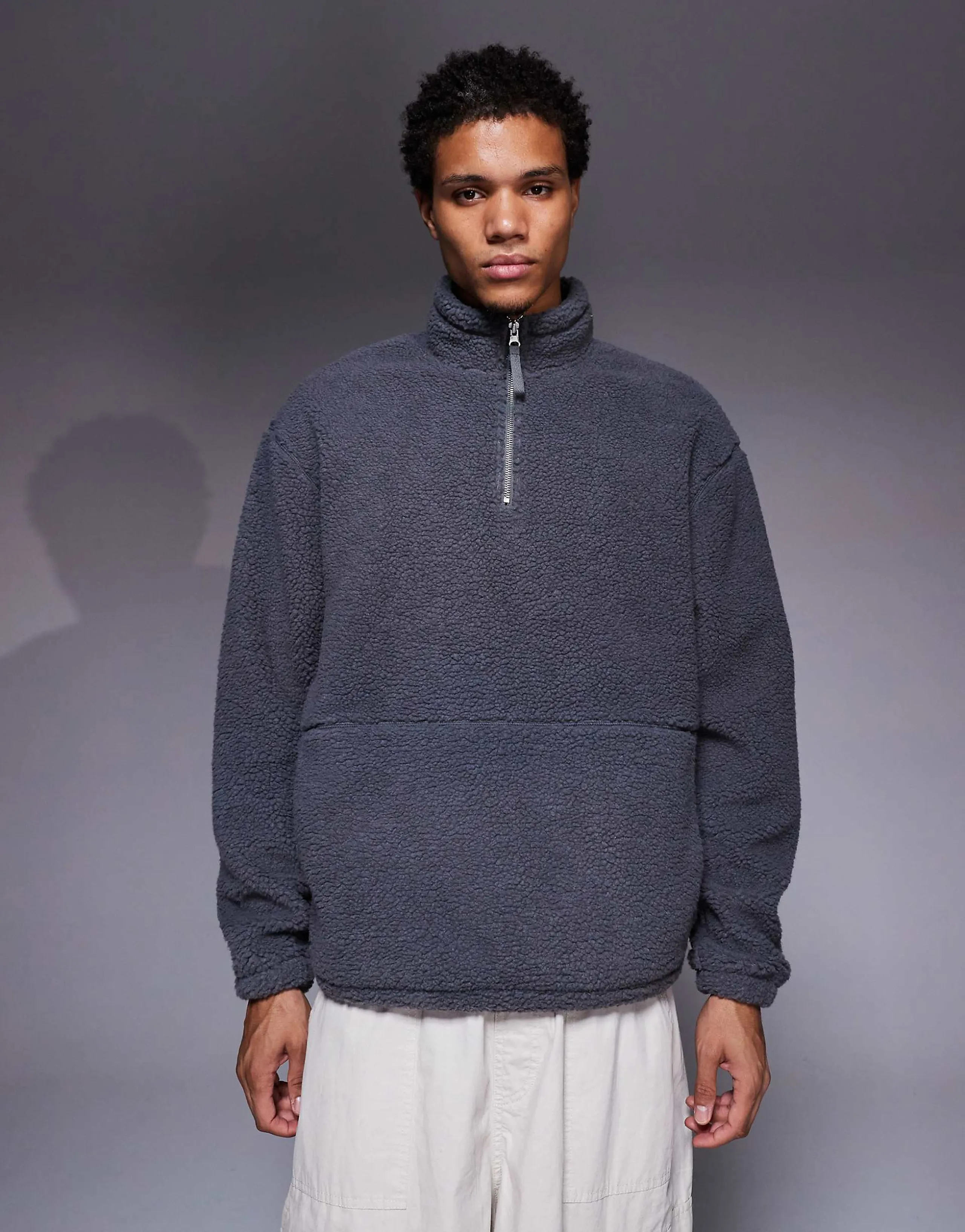 ASOS DESIGN relaxed funnel neck zip through borg sweatshirt in gray