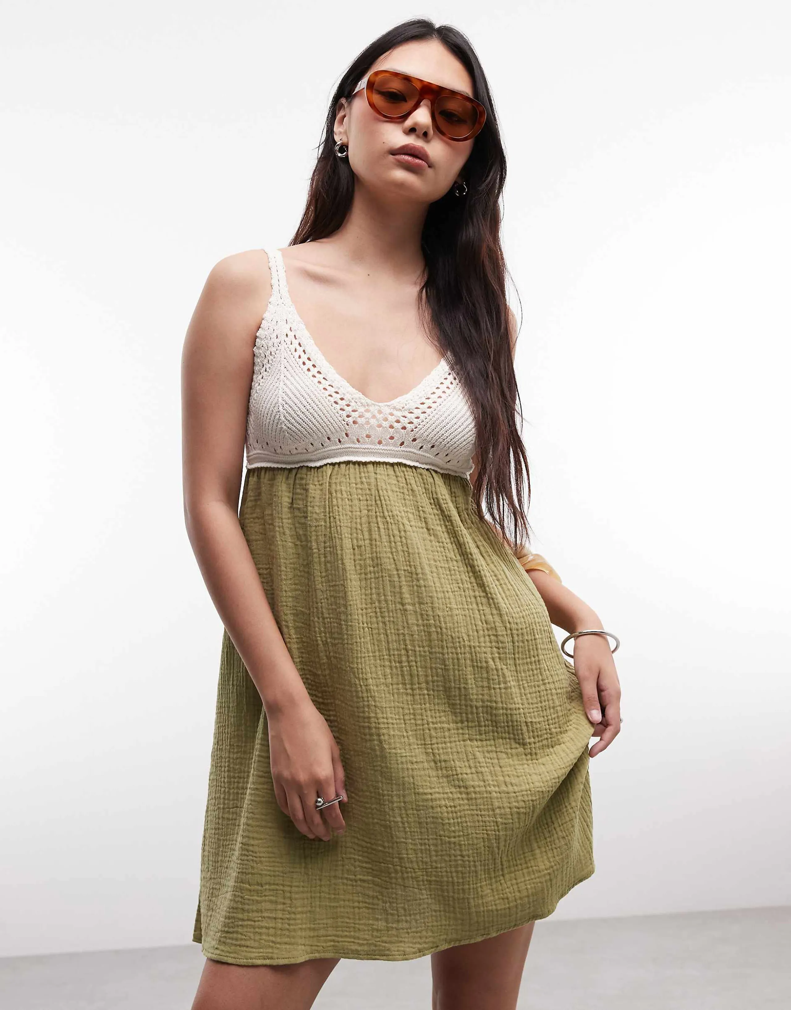 Reclaimed Vintage crochet summer dress in olive and cream