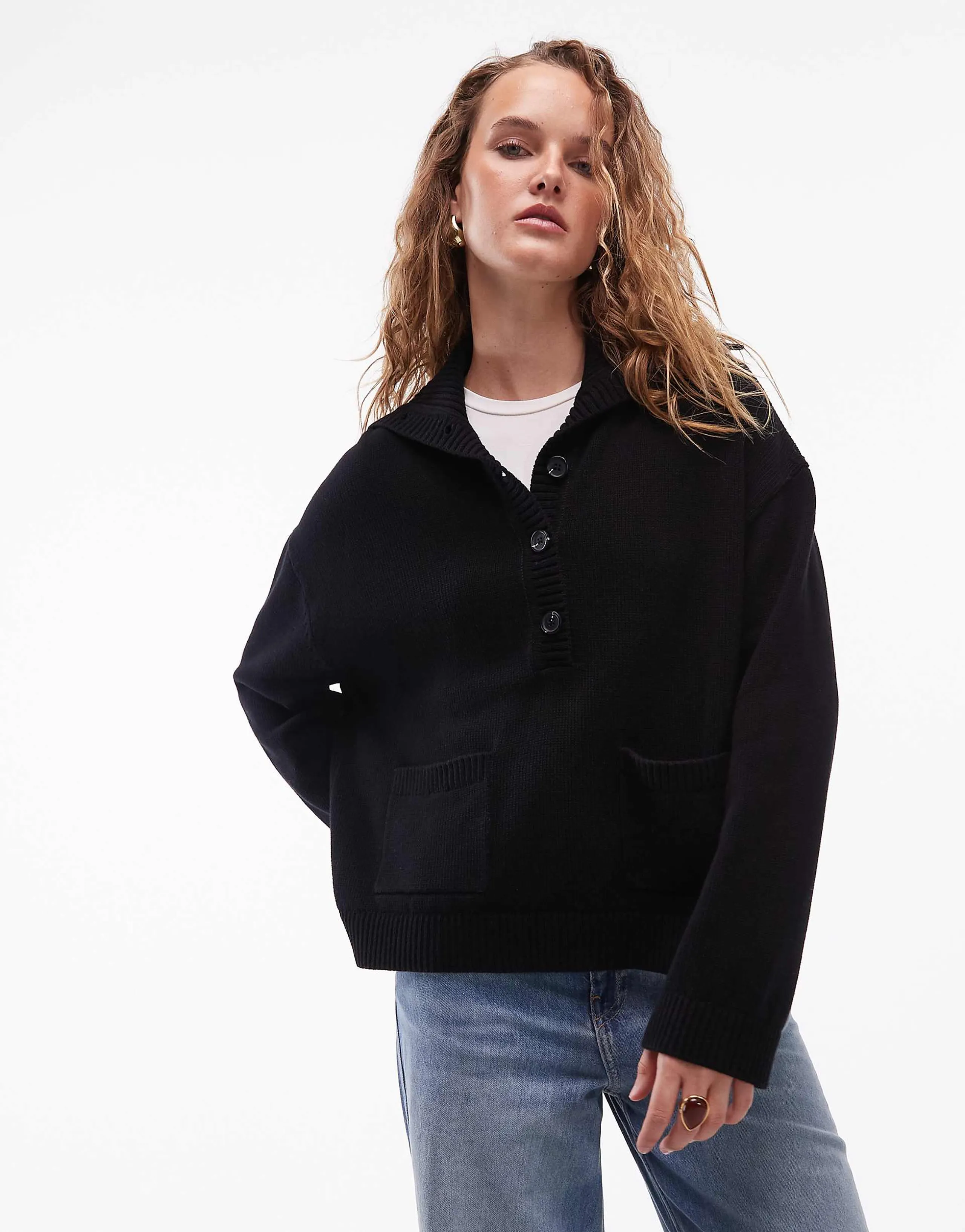 ARKET half button cardigan with wide collar and patch pockets in black