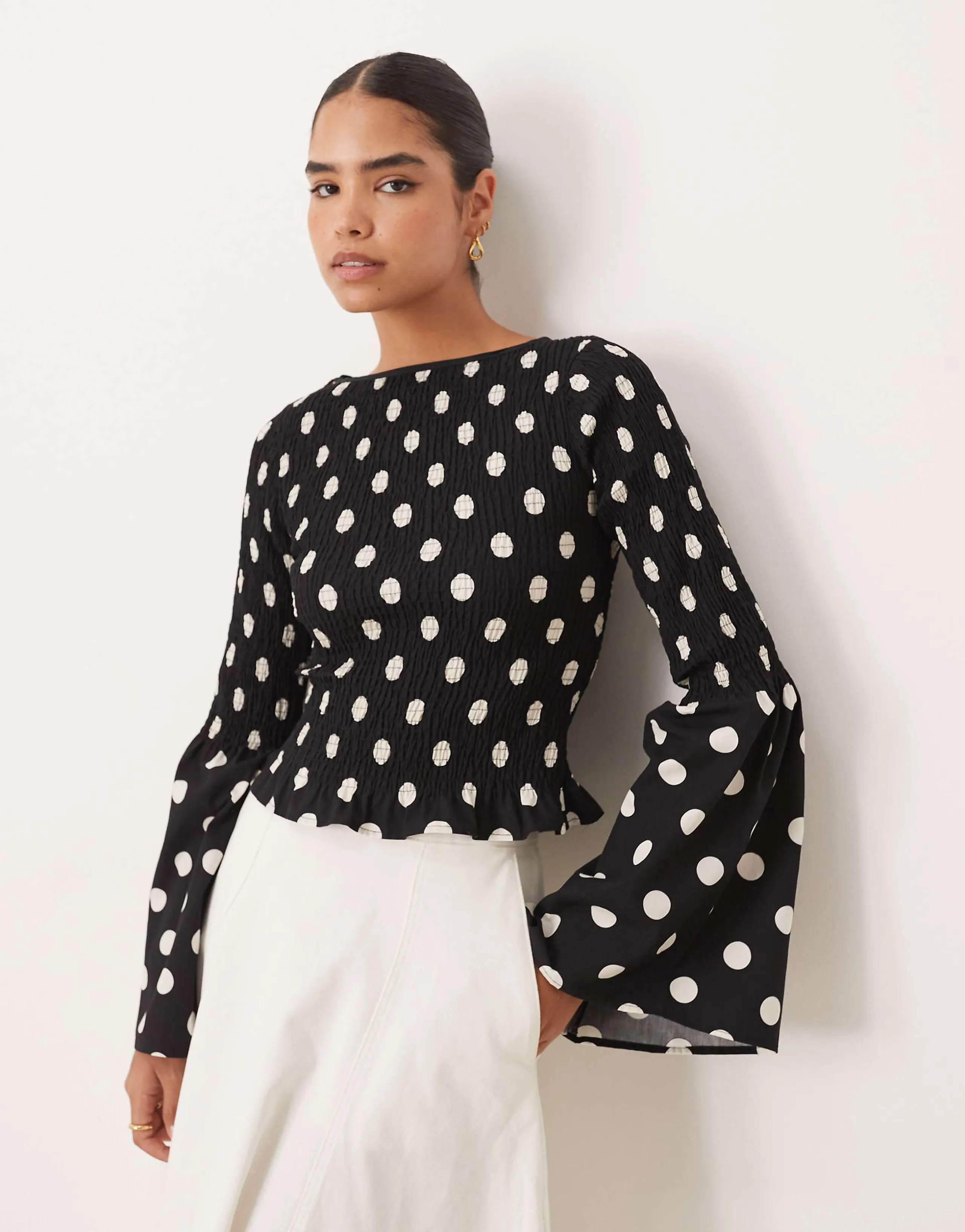 ASOS DESIGN shirred bodice long sleeve in black polka dot