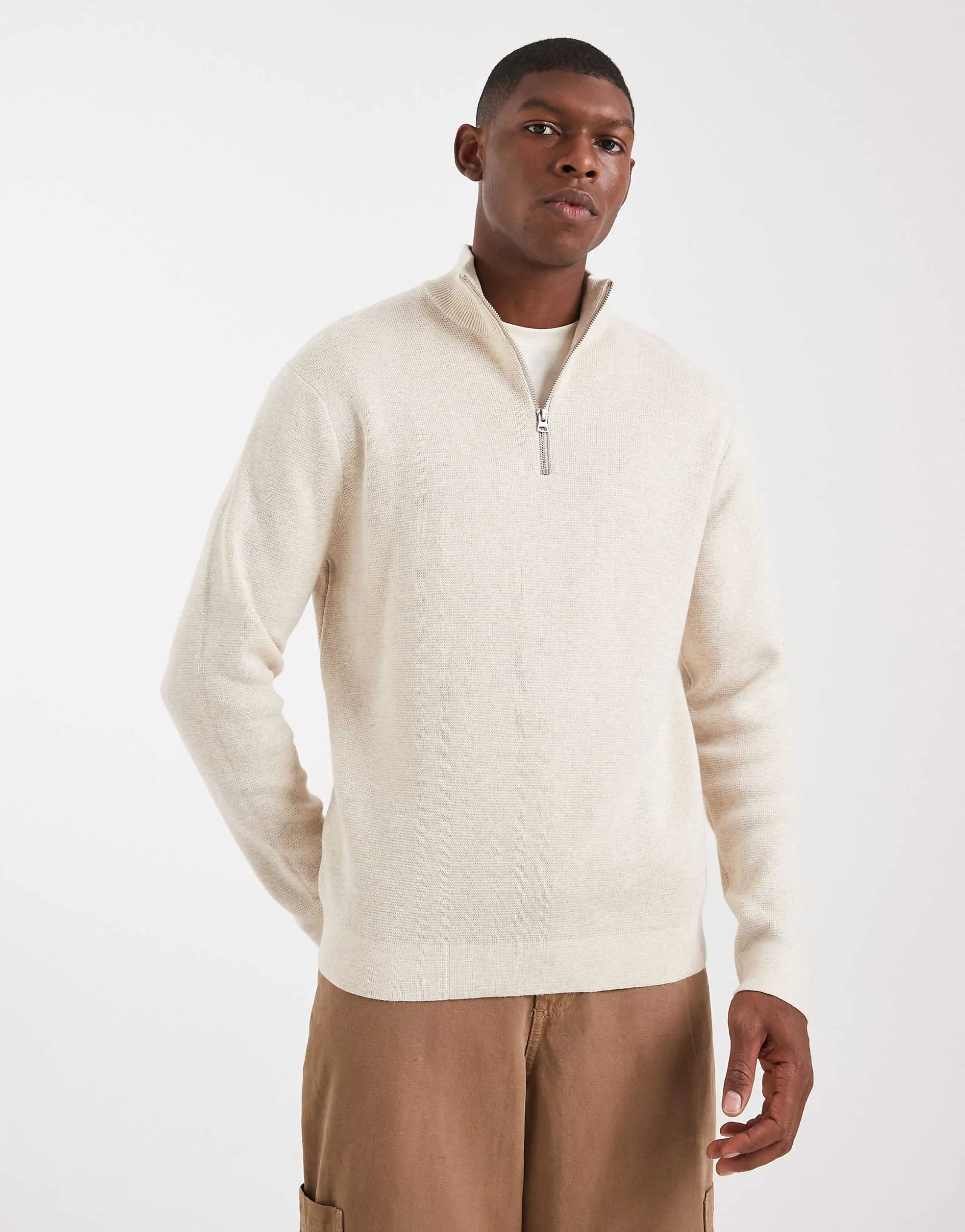 ONLY & SONS half zip knit sweater in cream