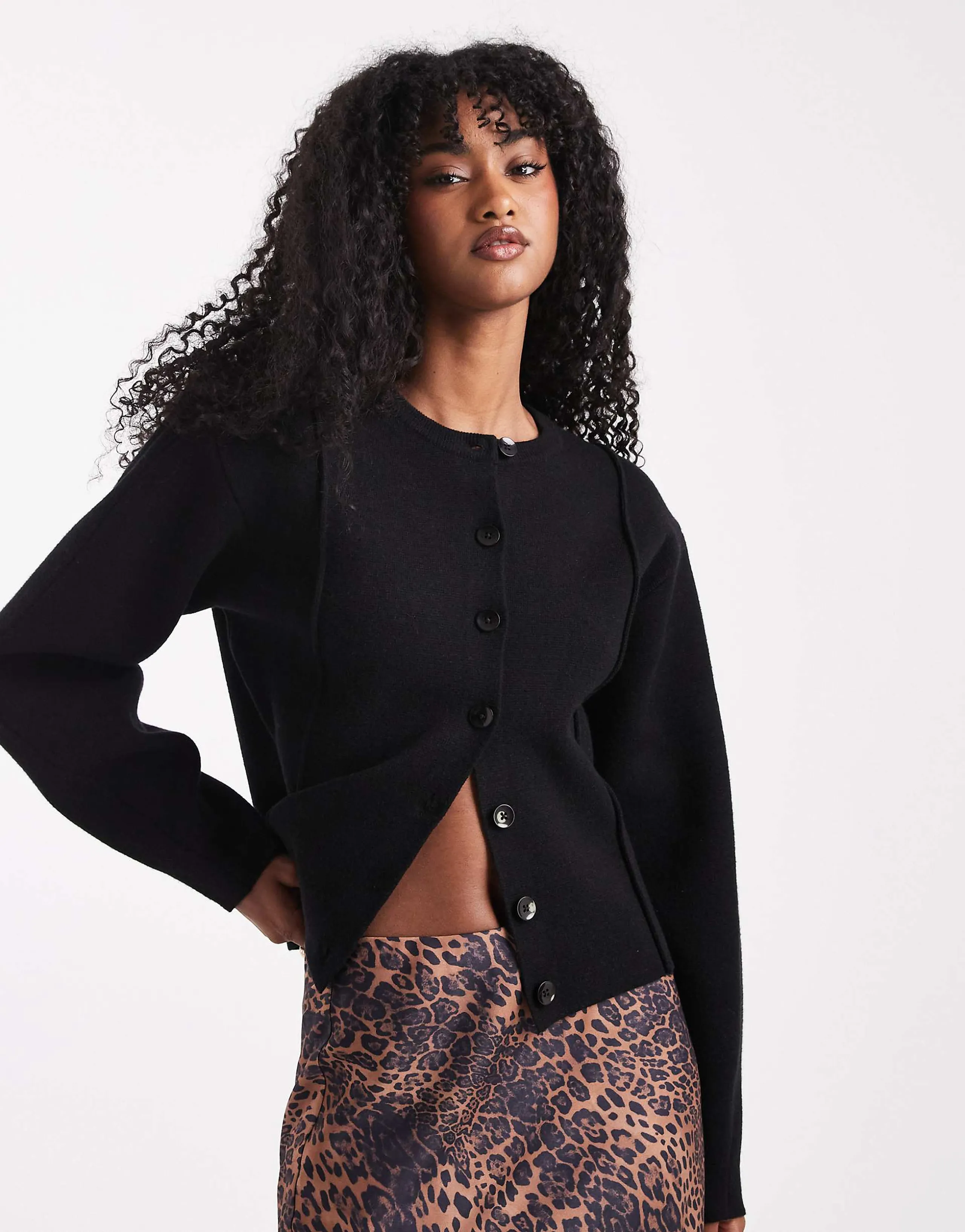 ASOS DESIGN structured shoulder pads waisted crew neck cardigan in black