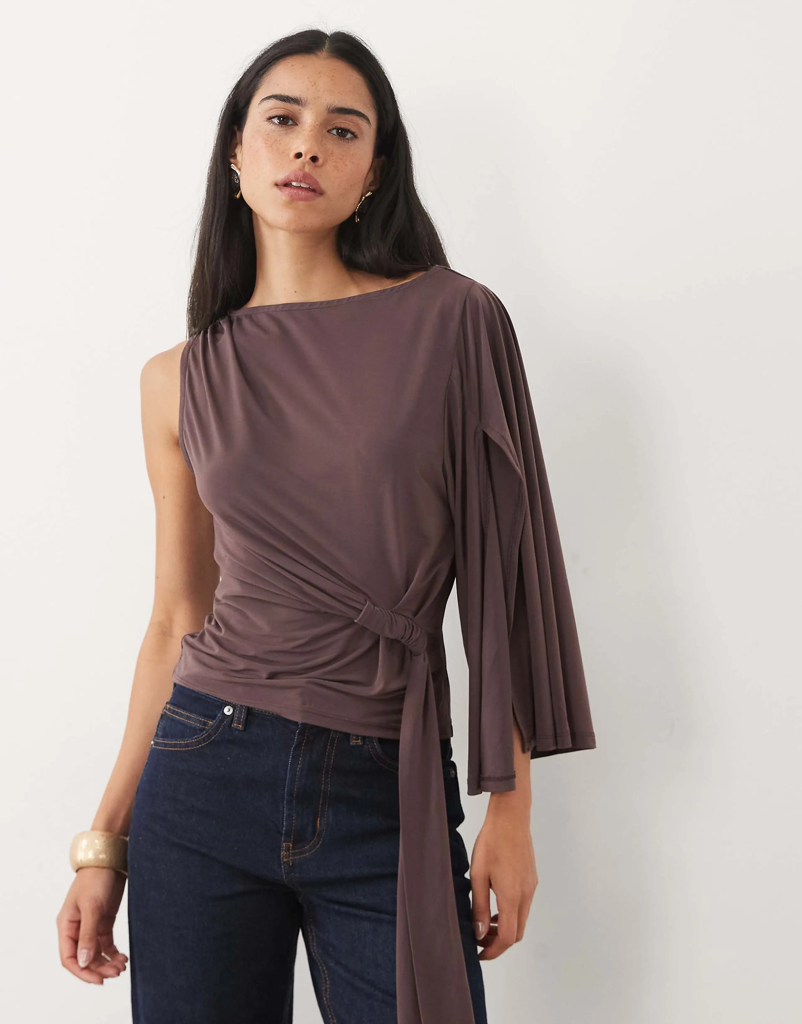 ASOS DESIGN draped asymmetric sash top in raisin