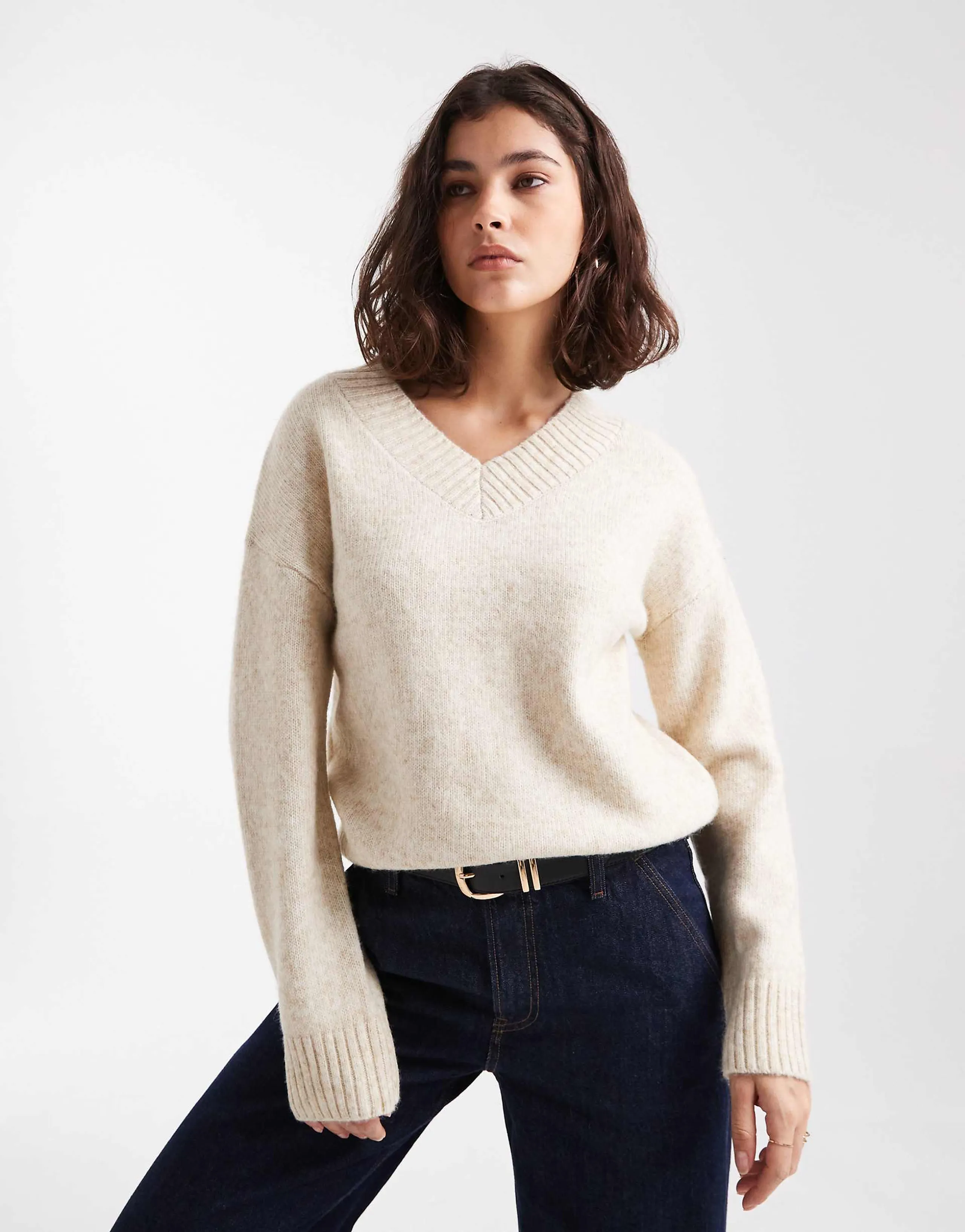 Brave Soul V-neck soft touch sweater in oat