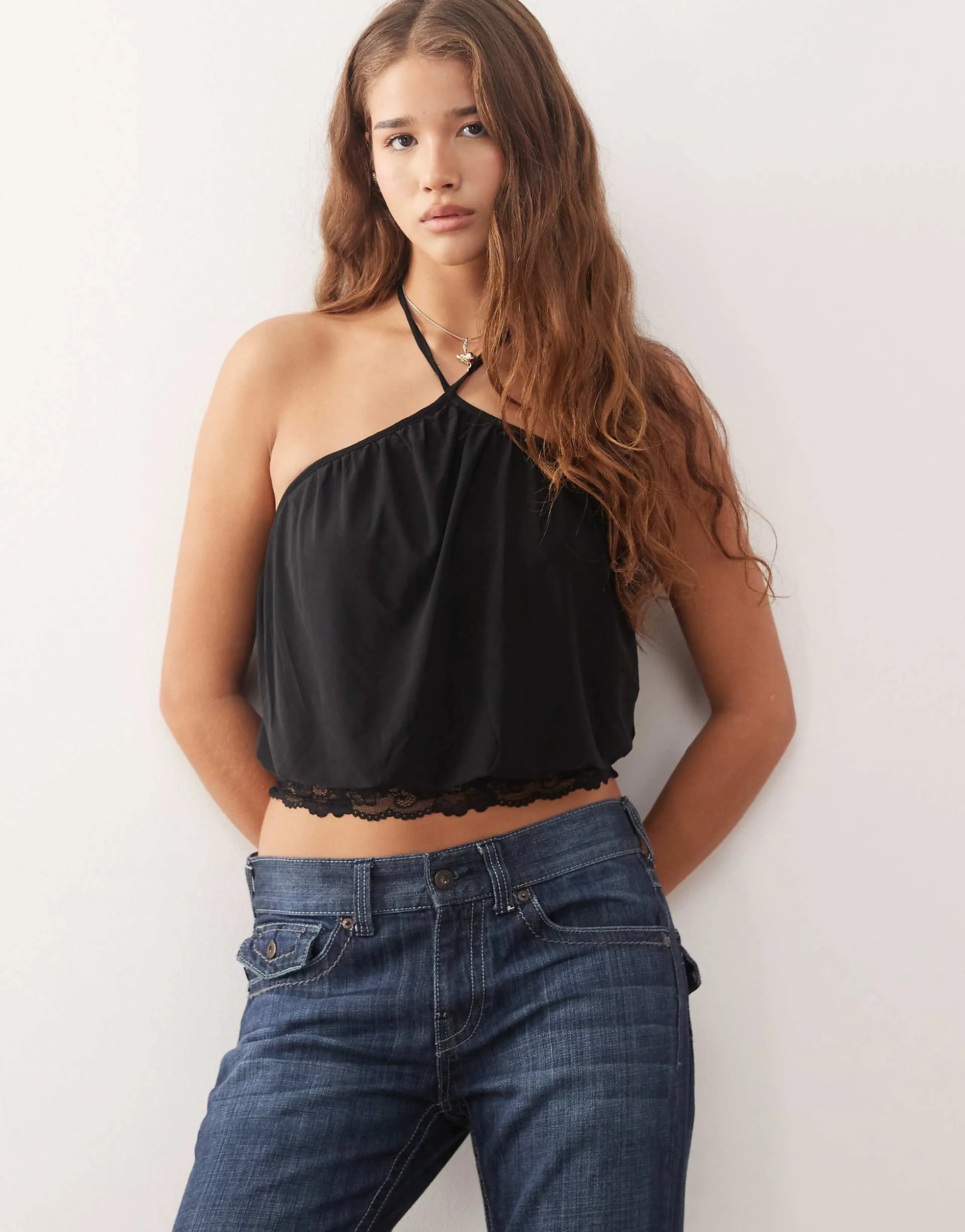 COLLUSION slinky halterneck top with lace trim detail in black
