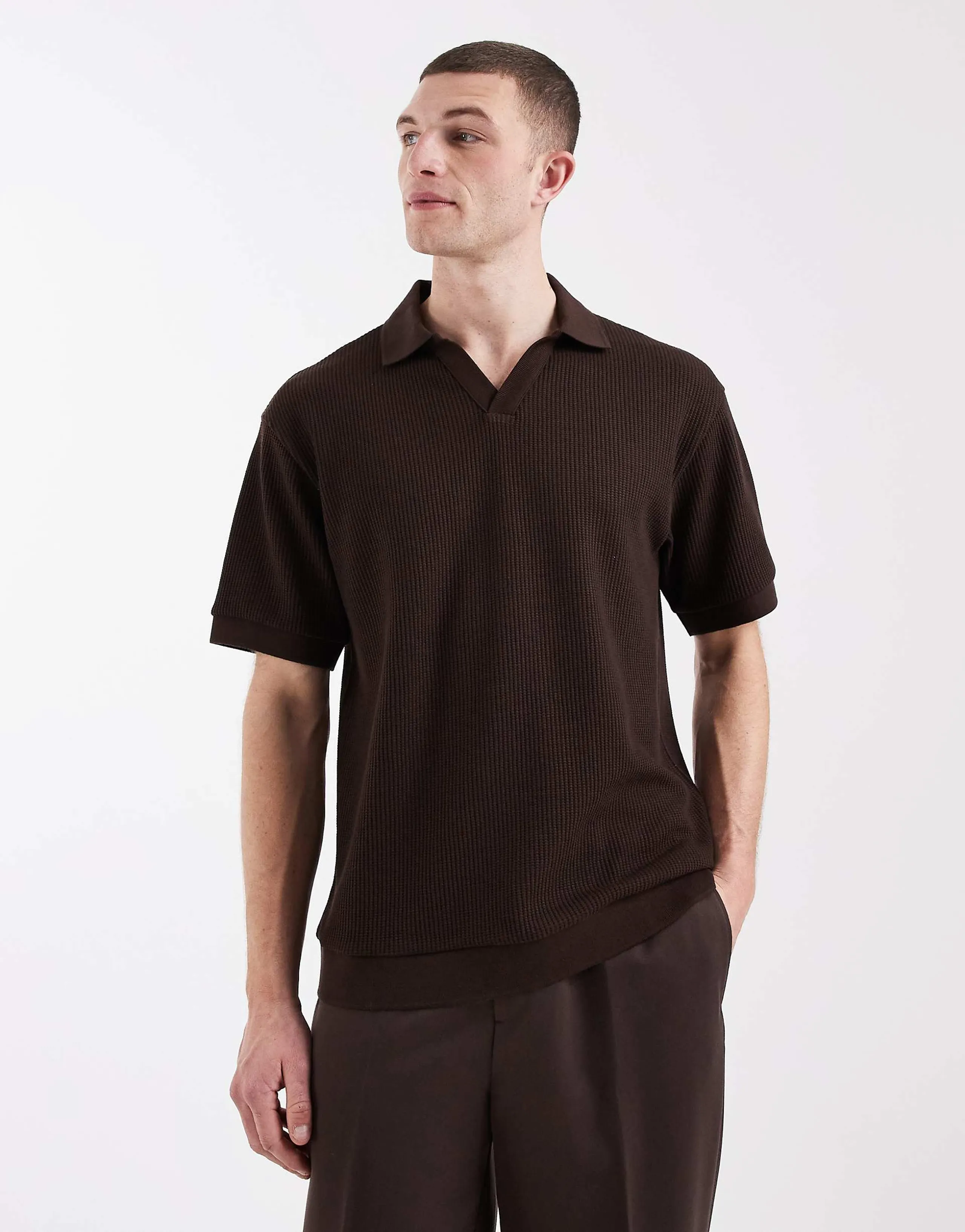 ASOS DESIGN heavyweight relaxed polo shirt in brown waffle knit