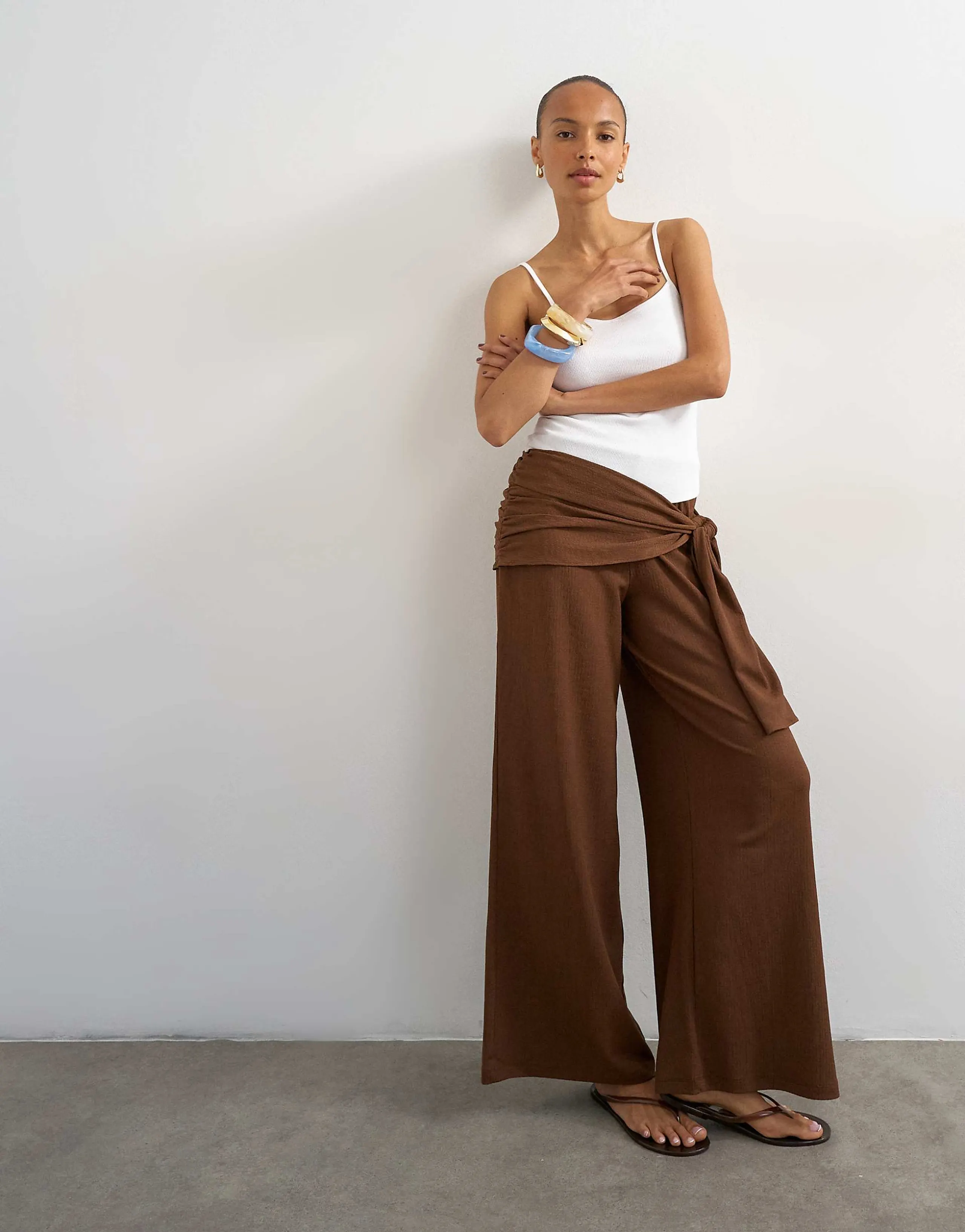 Topshop plisse wrap scarf detail pants in chocolate