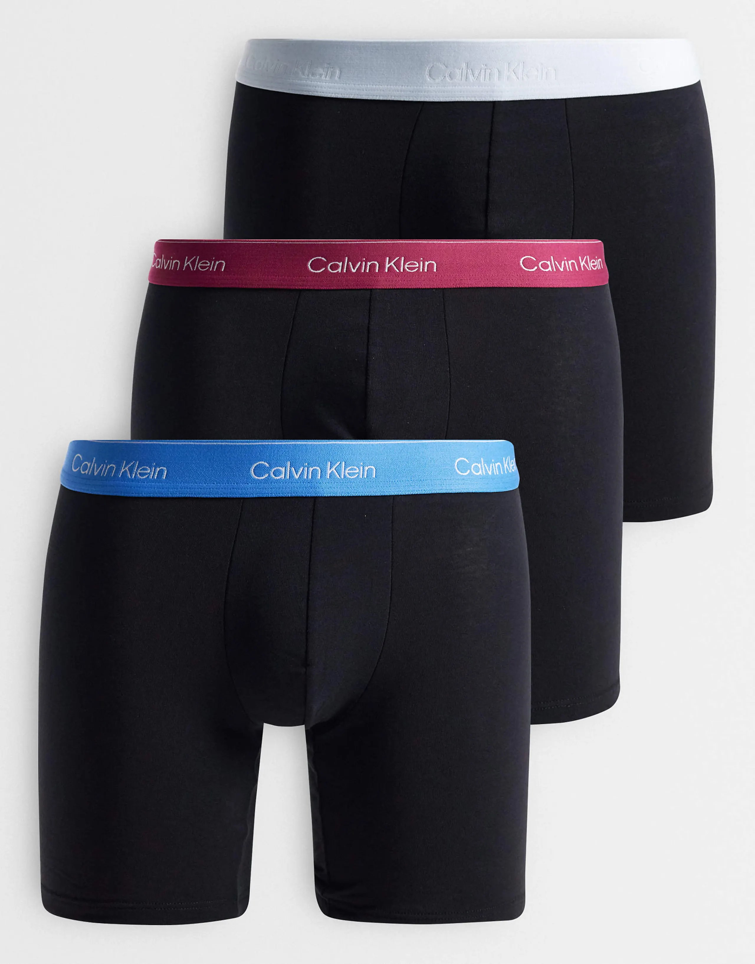 Calvin Klein Icon Cotton Stretch 3 pack boxer briefs in black with gray/blue/burgundy waistbands