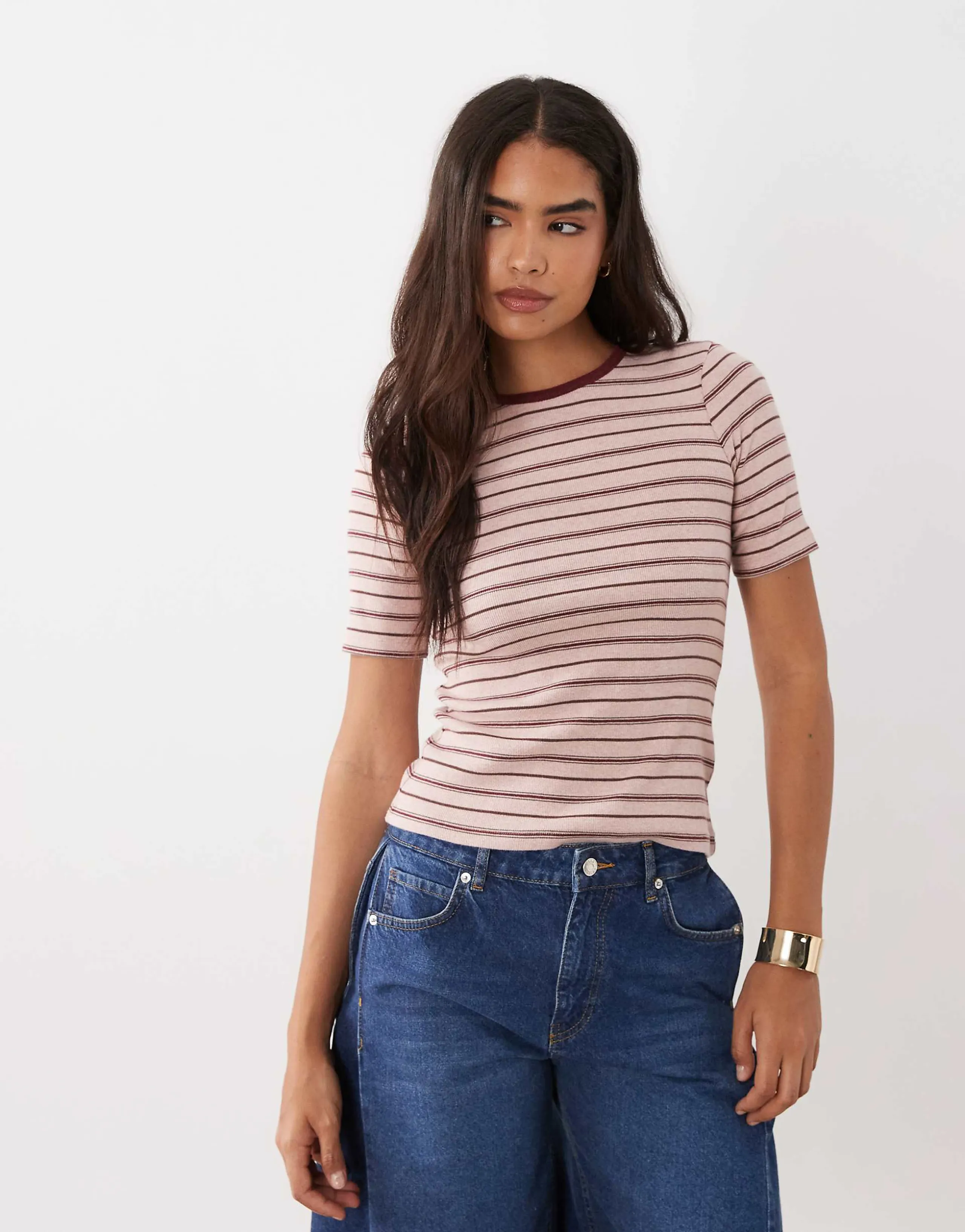 Nobody's Child ribbed cotton blend bodyfit crew neck t-shirt in pink stripes