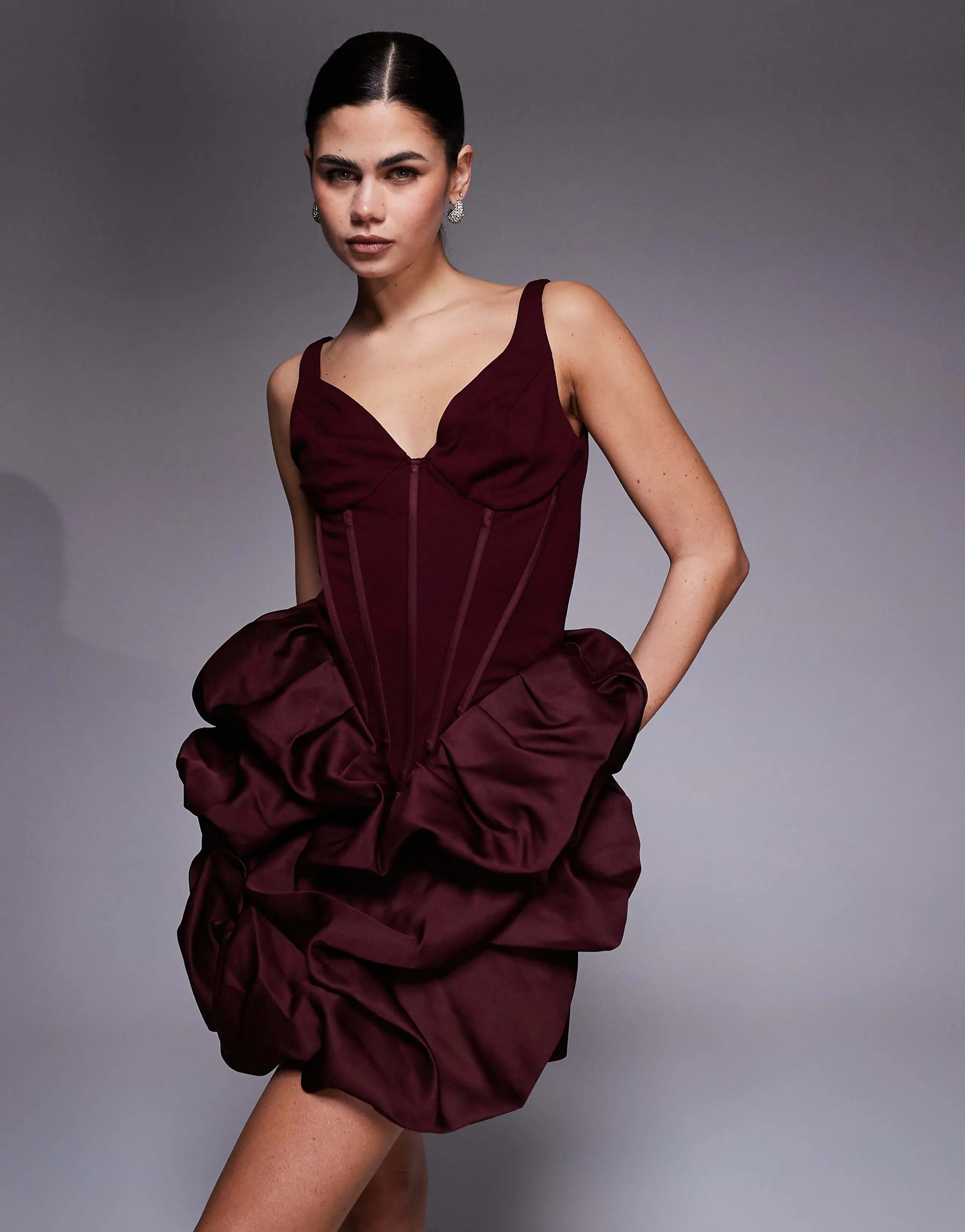 River Island corseted ruffle hem mini dress in dark red