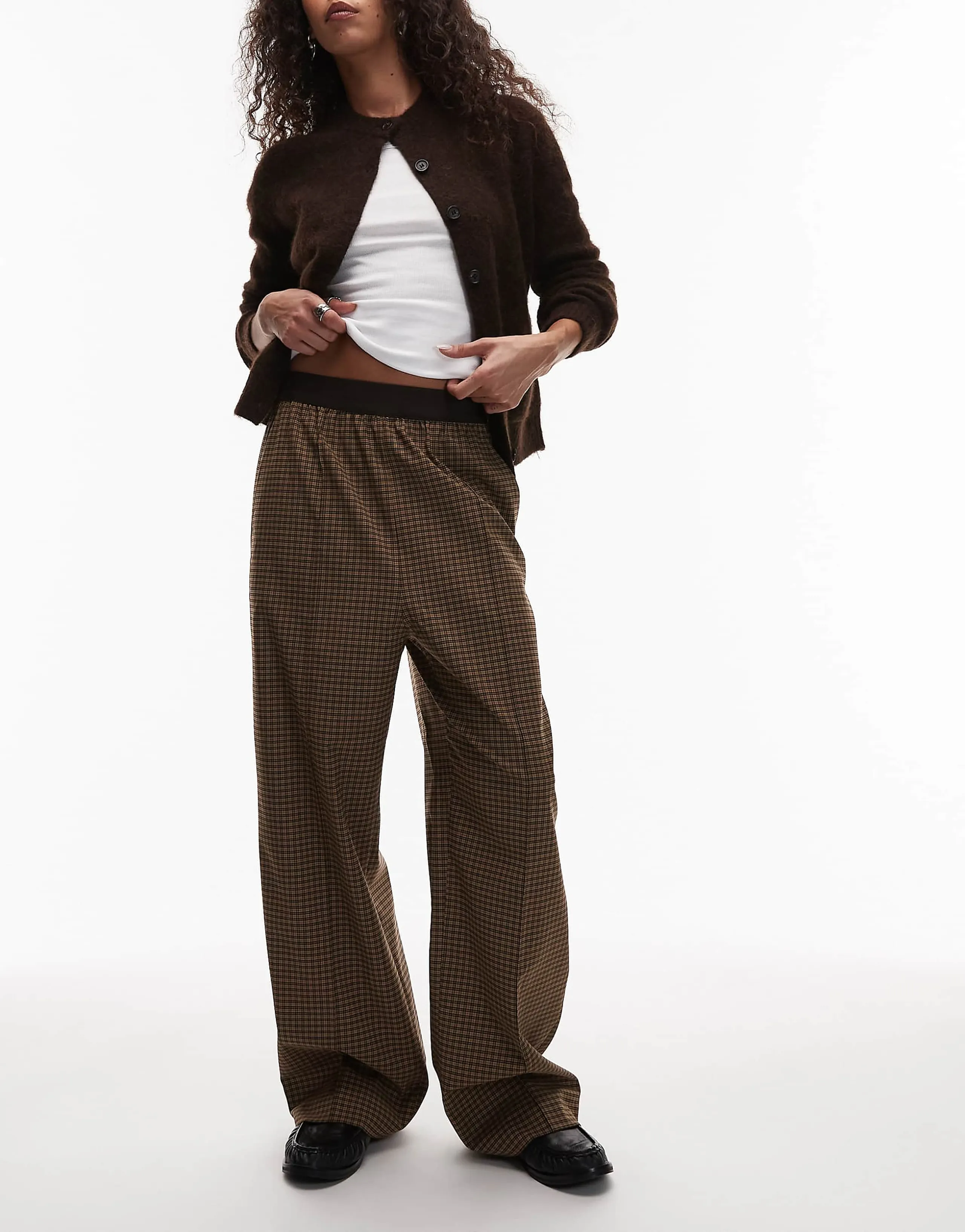 ARKET wool blend stretch straight leg pants with elasticized waist in light brown plaid 
