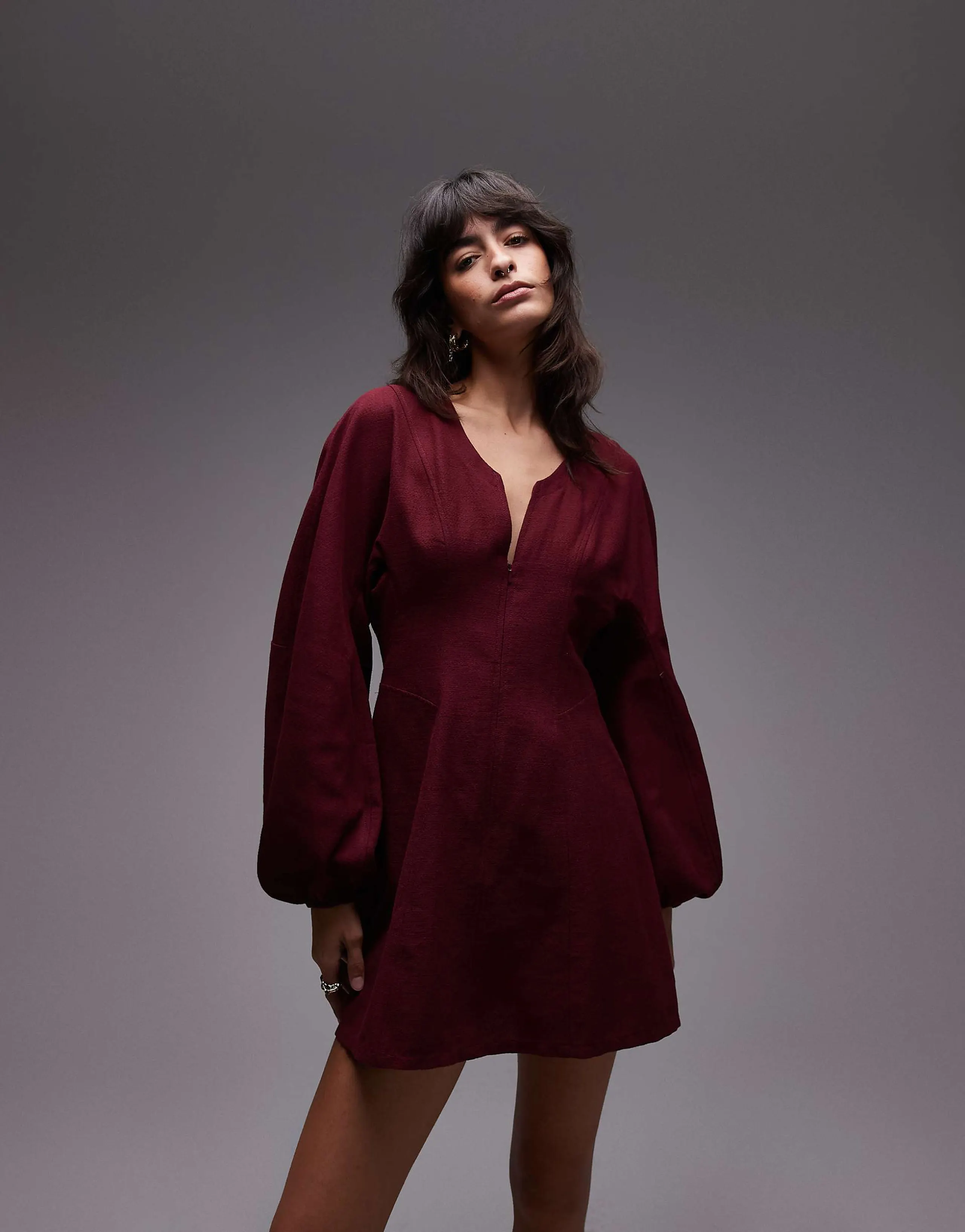 ASOS DESIGN balloon sleeve structured mini skater dress in burgundy