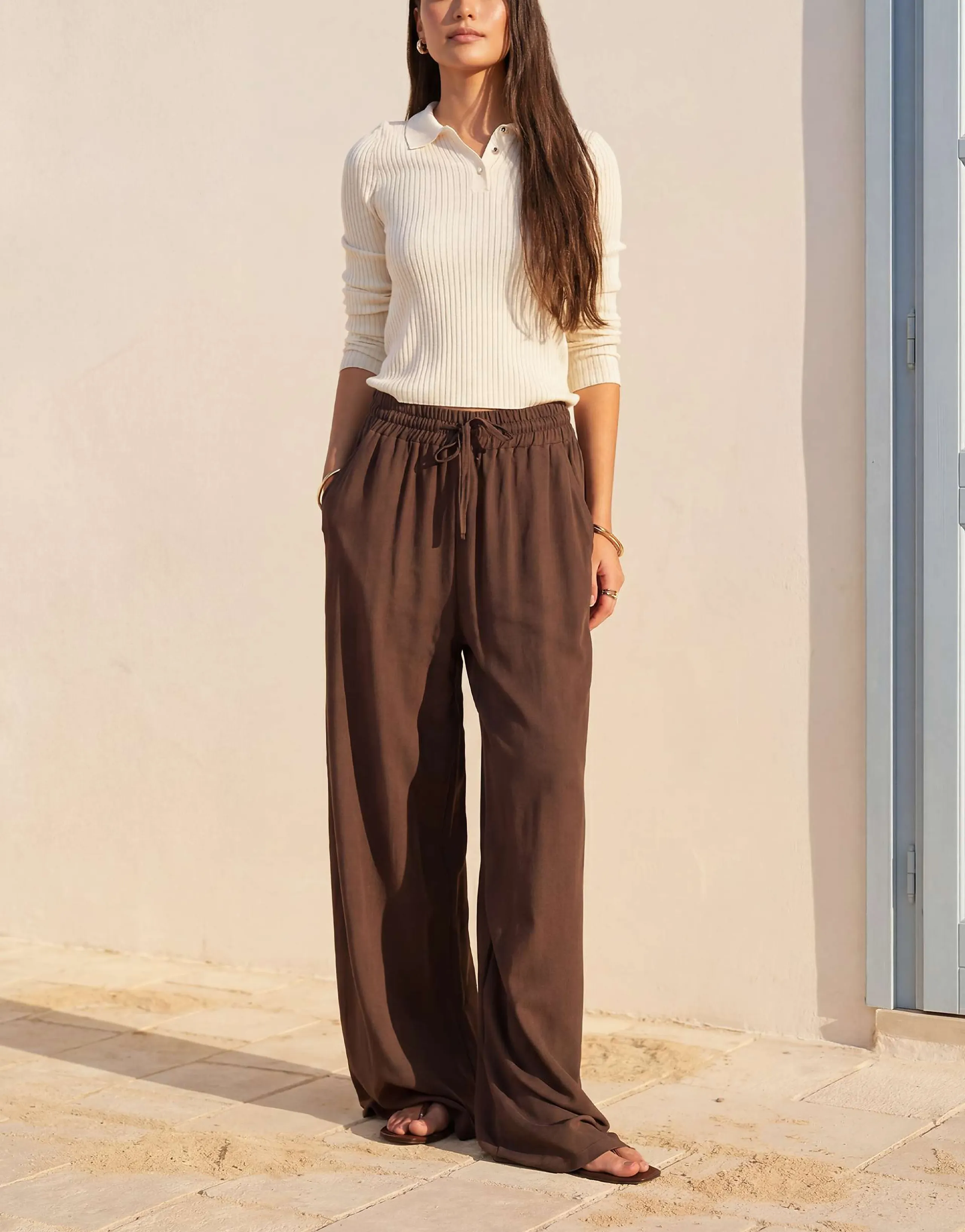 ASOS DESIGN linen blend pull-on drawstring waist wide leg pants in chocolate