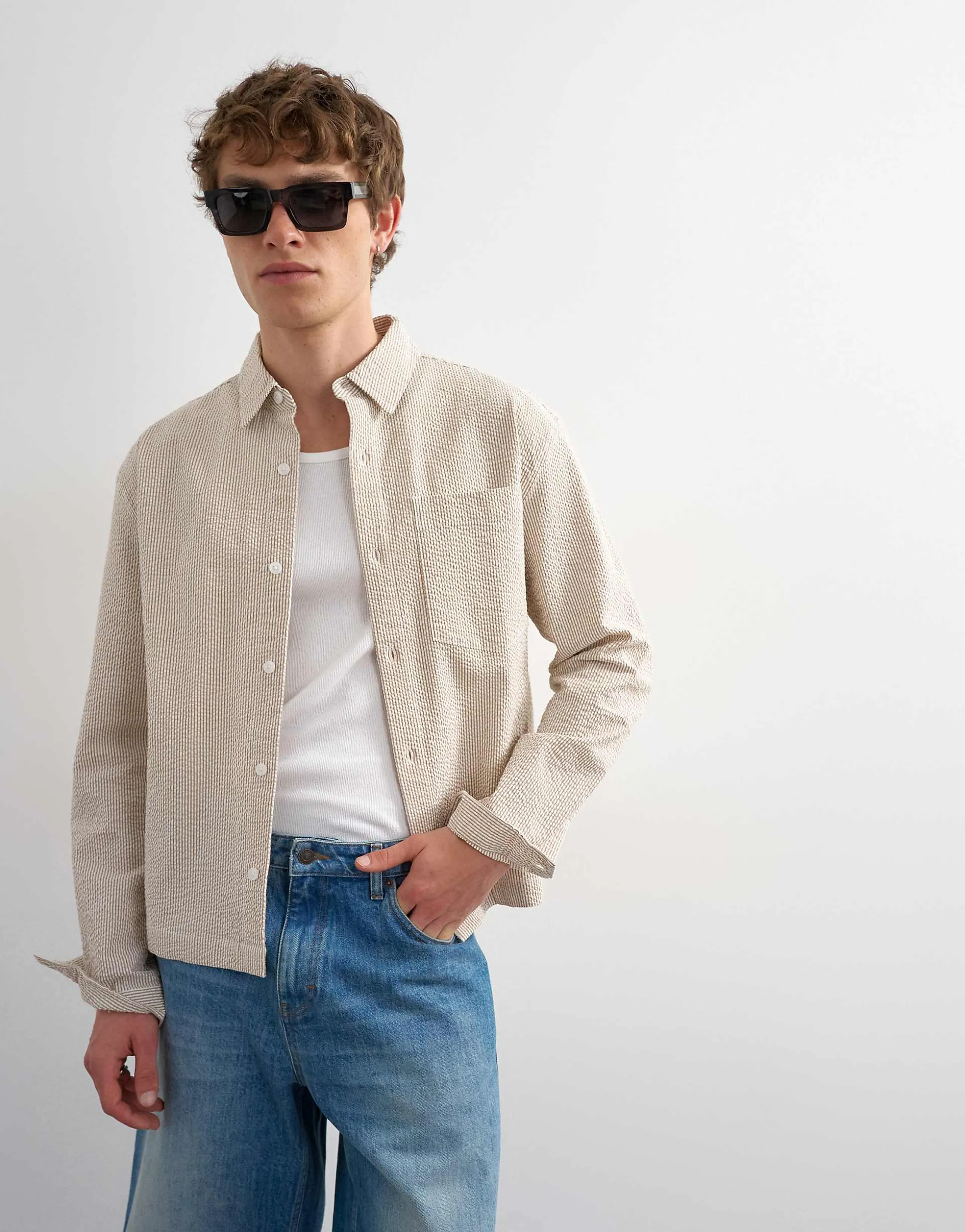 Topman relaxed fit crop seersucker shirt in stone