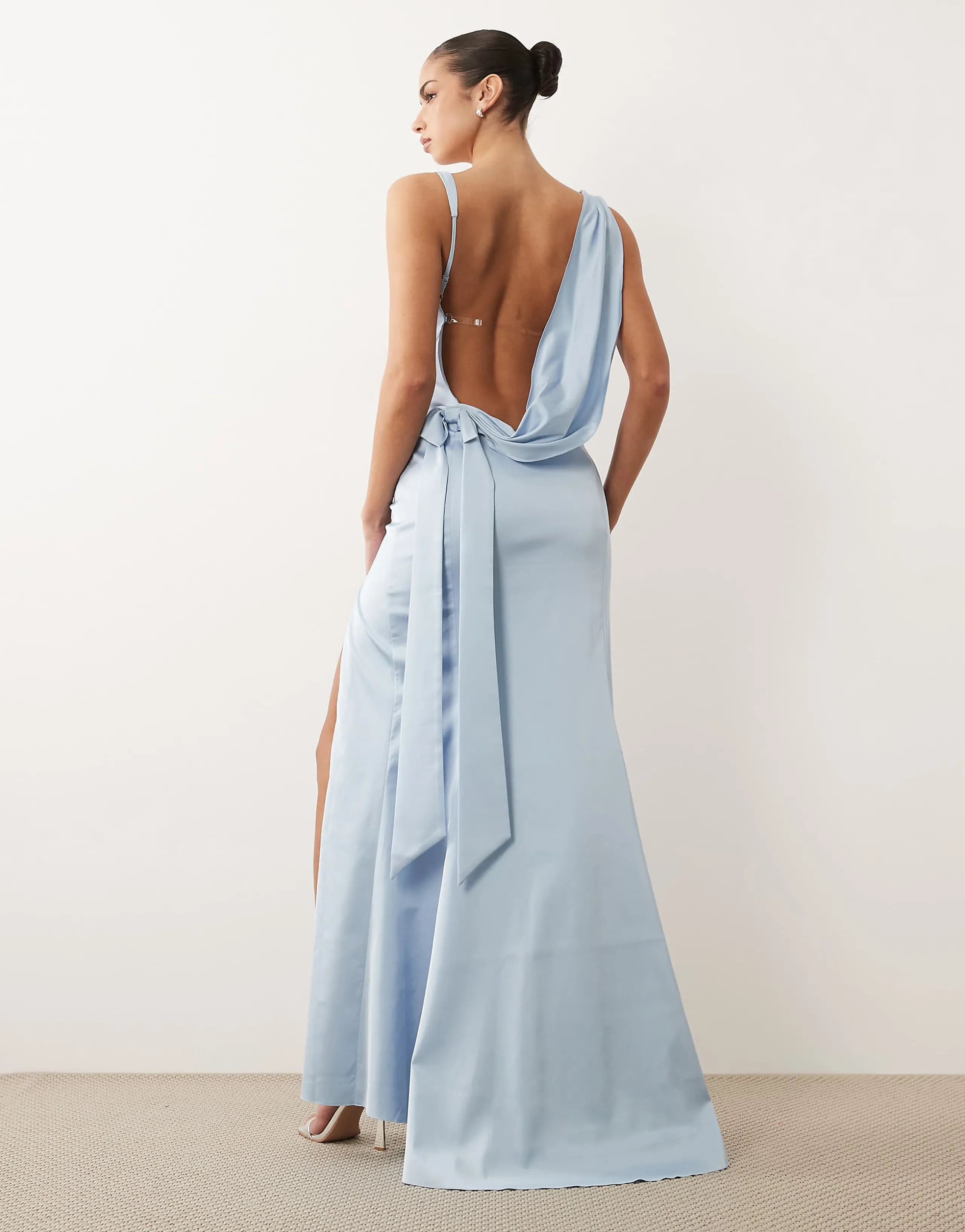 Oh Polly draped open cowl back detail thigh slit satin maxi dress in powder blue