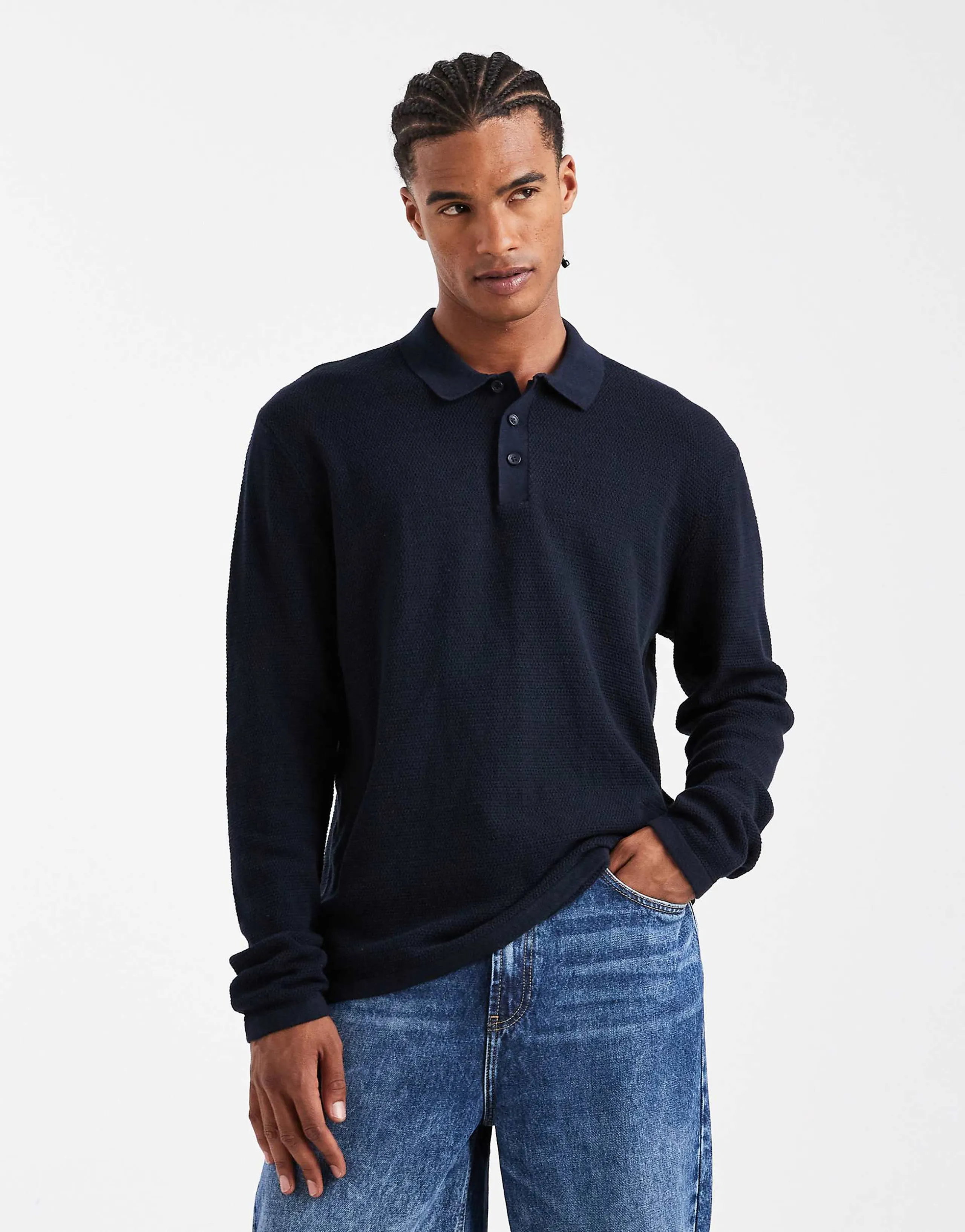 Jack & Jones knit long sleeve polo in navy