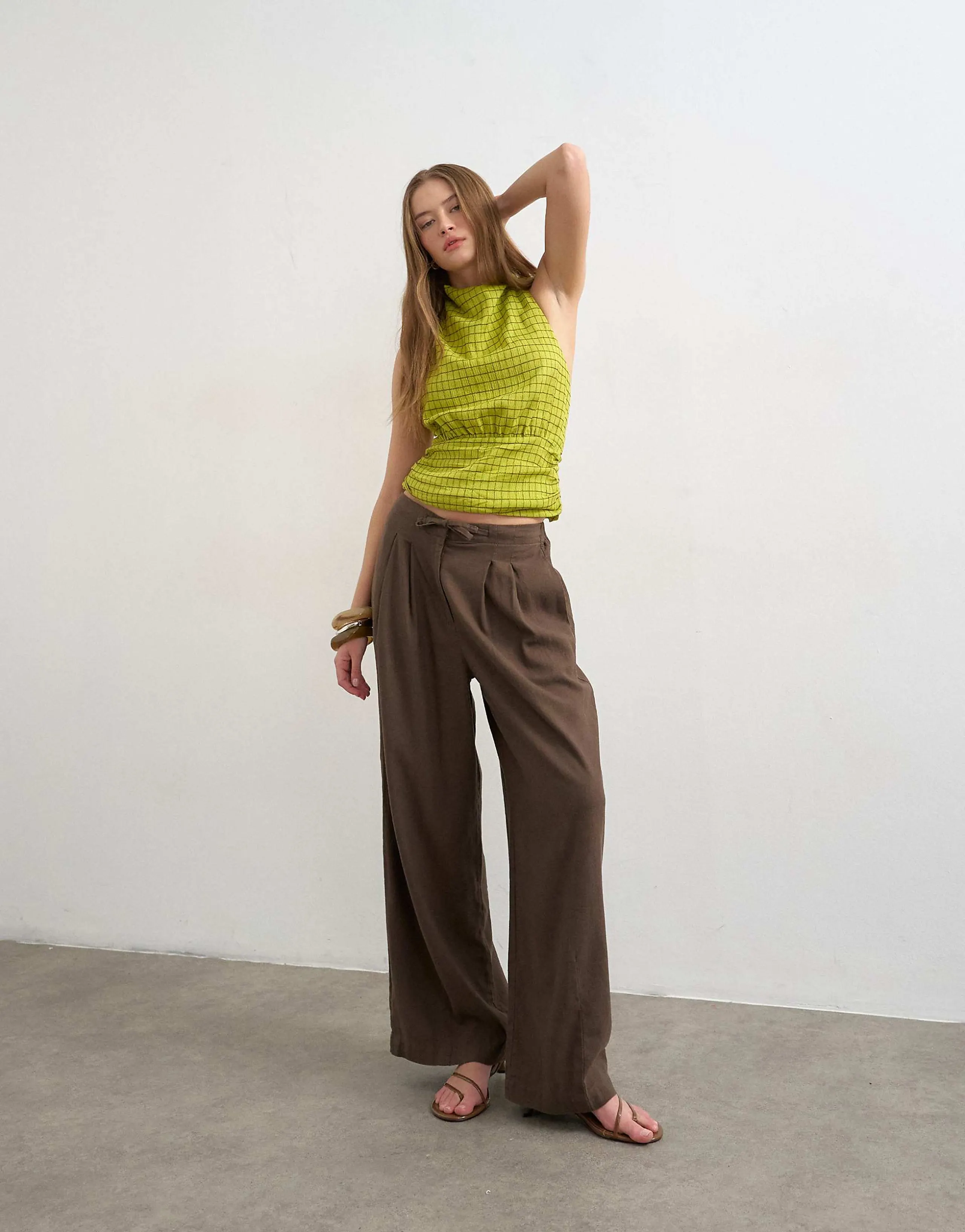 Topshop linen blend balloon pants with tie waist in chocolate