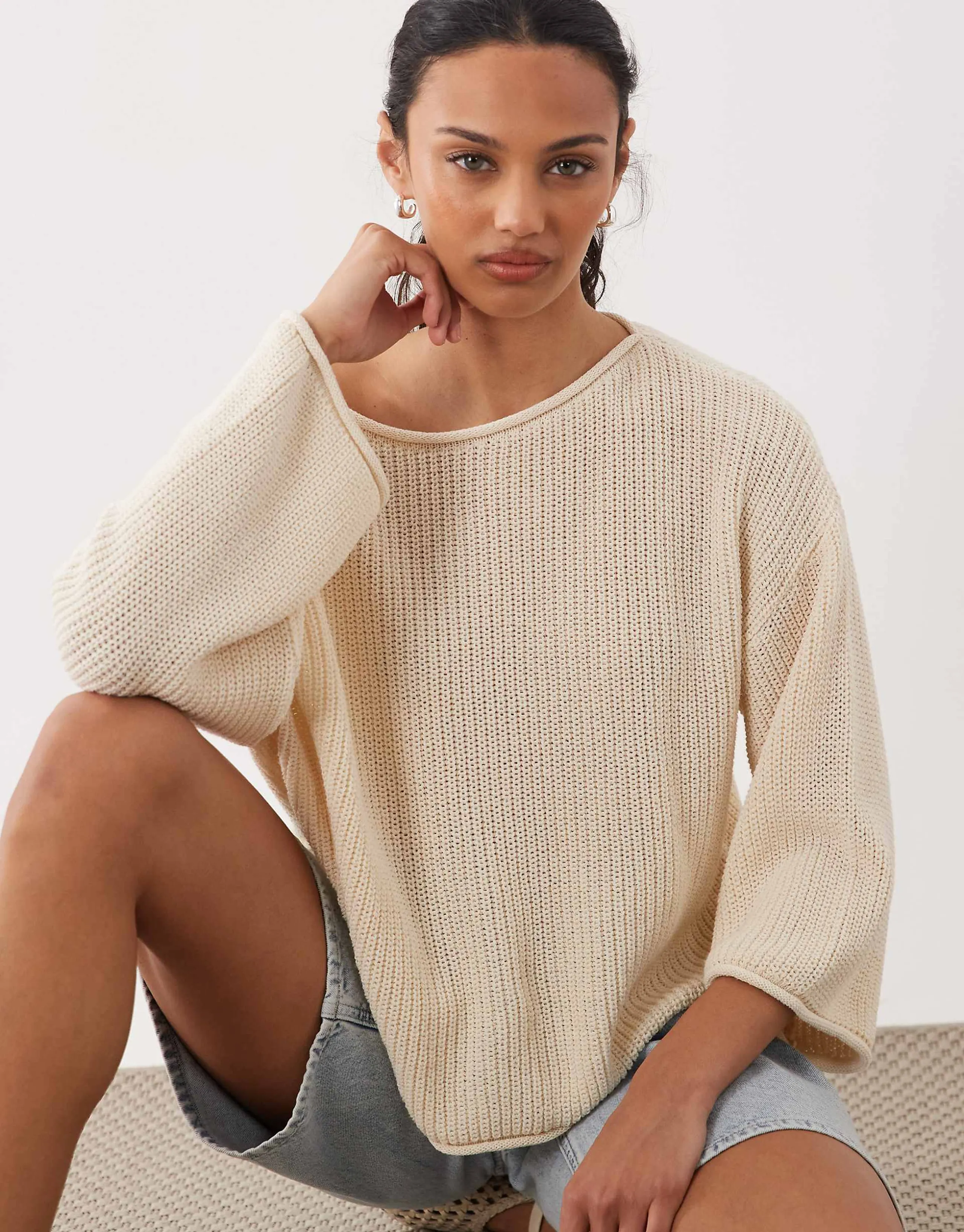 ASOS DESIGN knit open stitch beach sweater in ecru