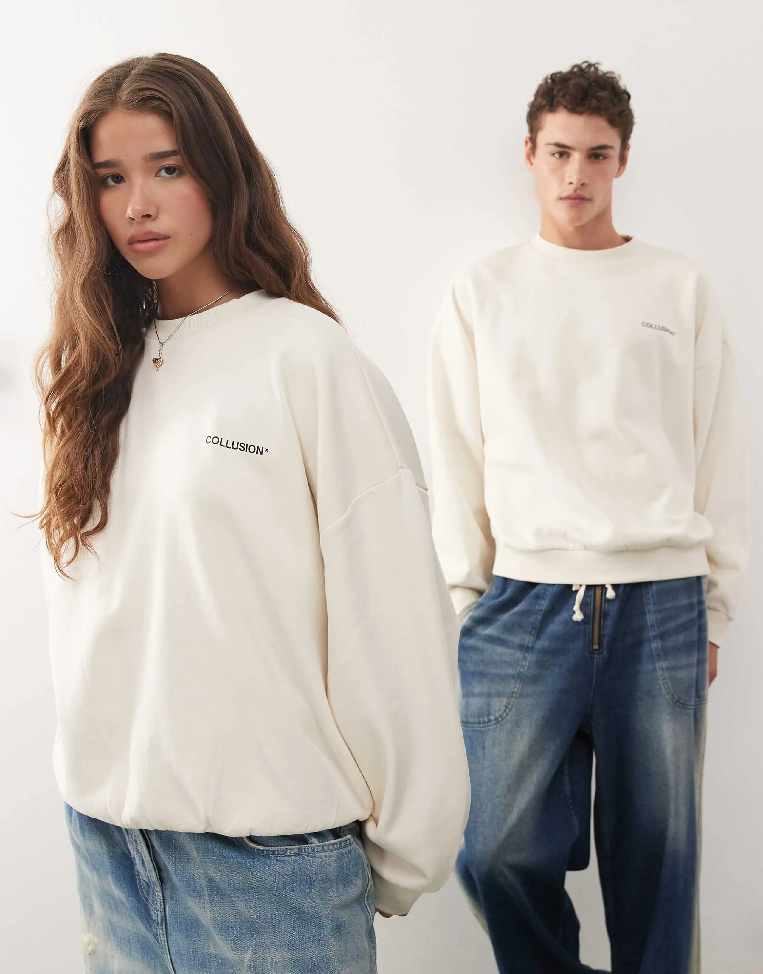 COLLUSION Unisex boxy sweatshirt in ecru with logo print