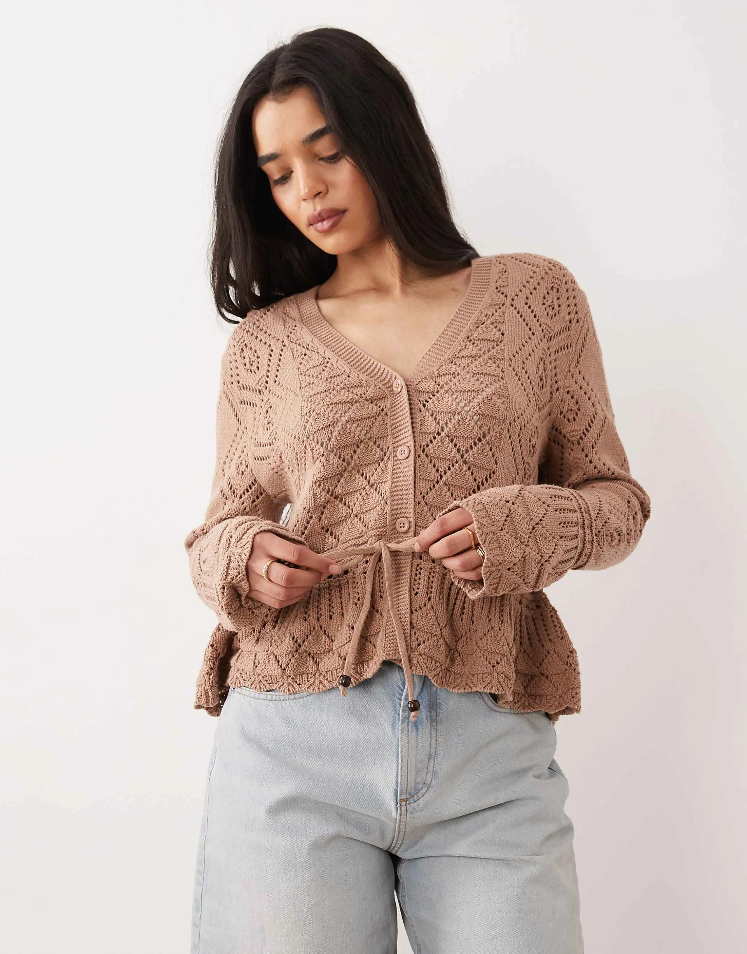 Miss Selfridge mixed crochet v-neck peplum hem cardigan in camel