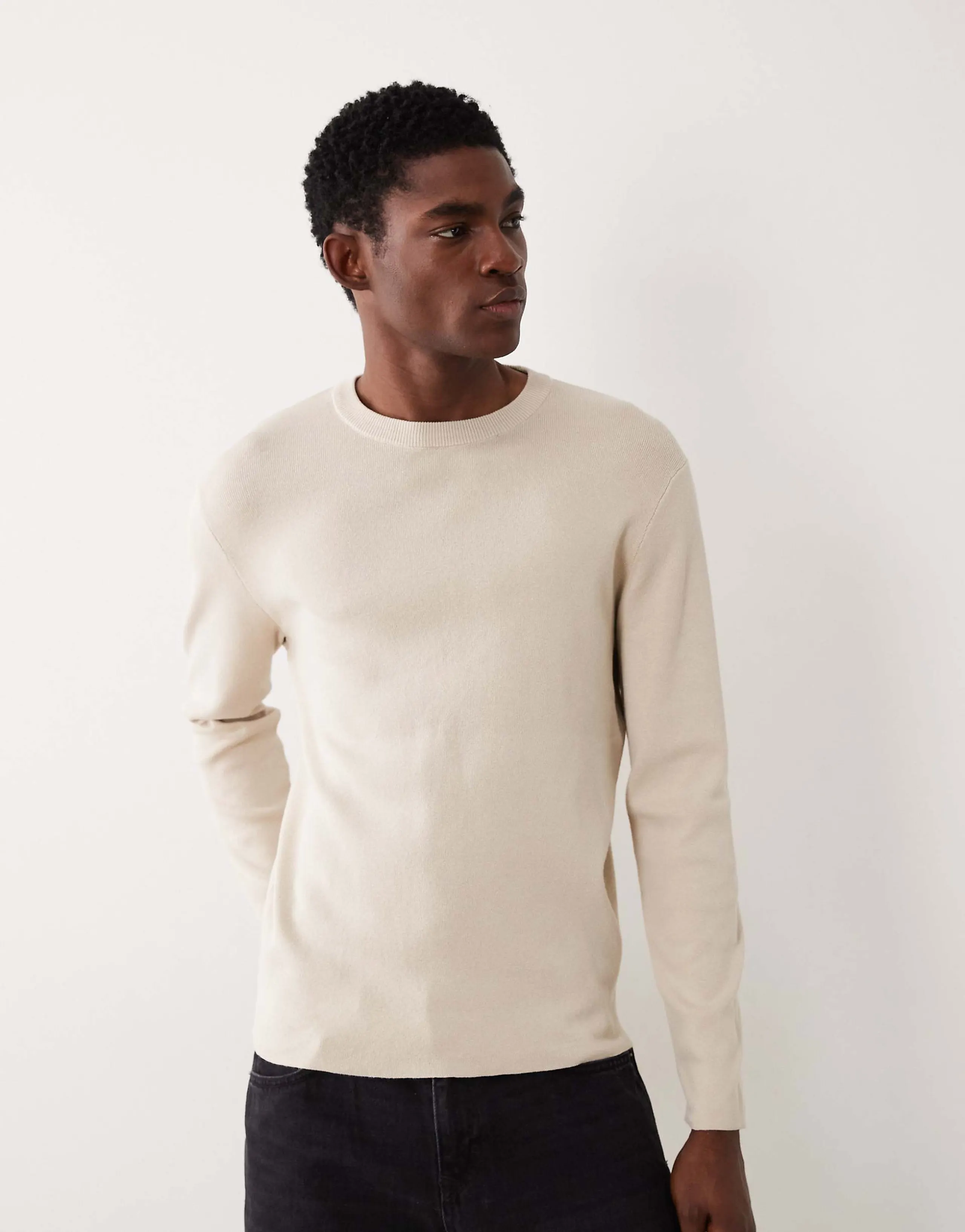 ASOS DESIGN Essential rib knit long sleeve crew neck t-shirt in stone