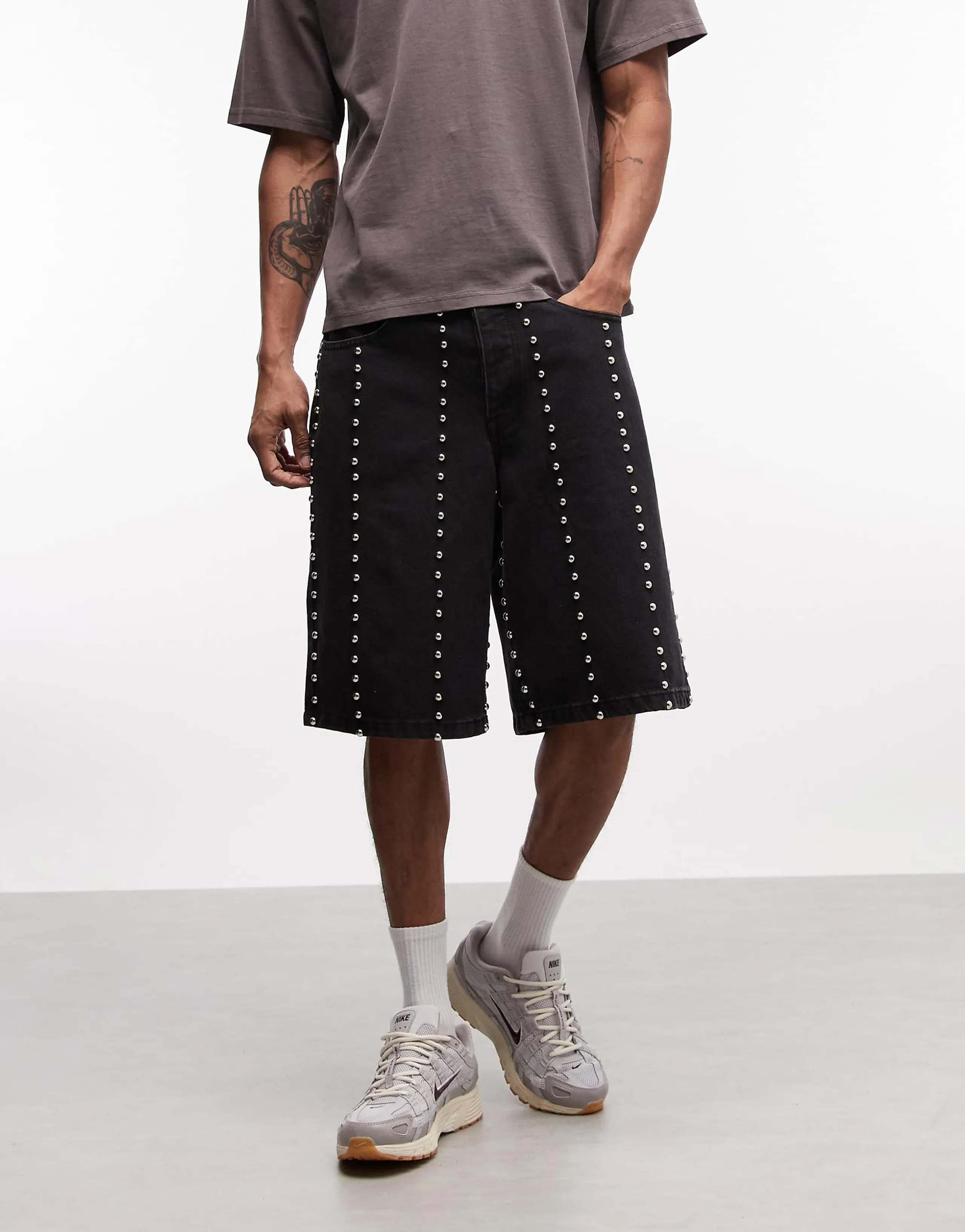 Liquor N Poker all-over stud embellished denim jorts in black wash