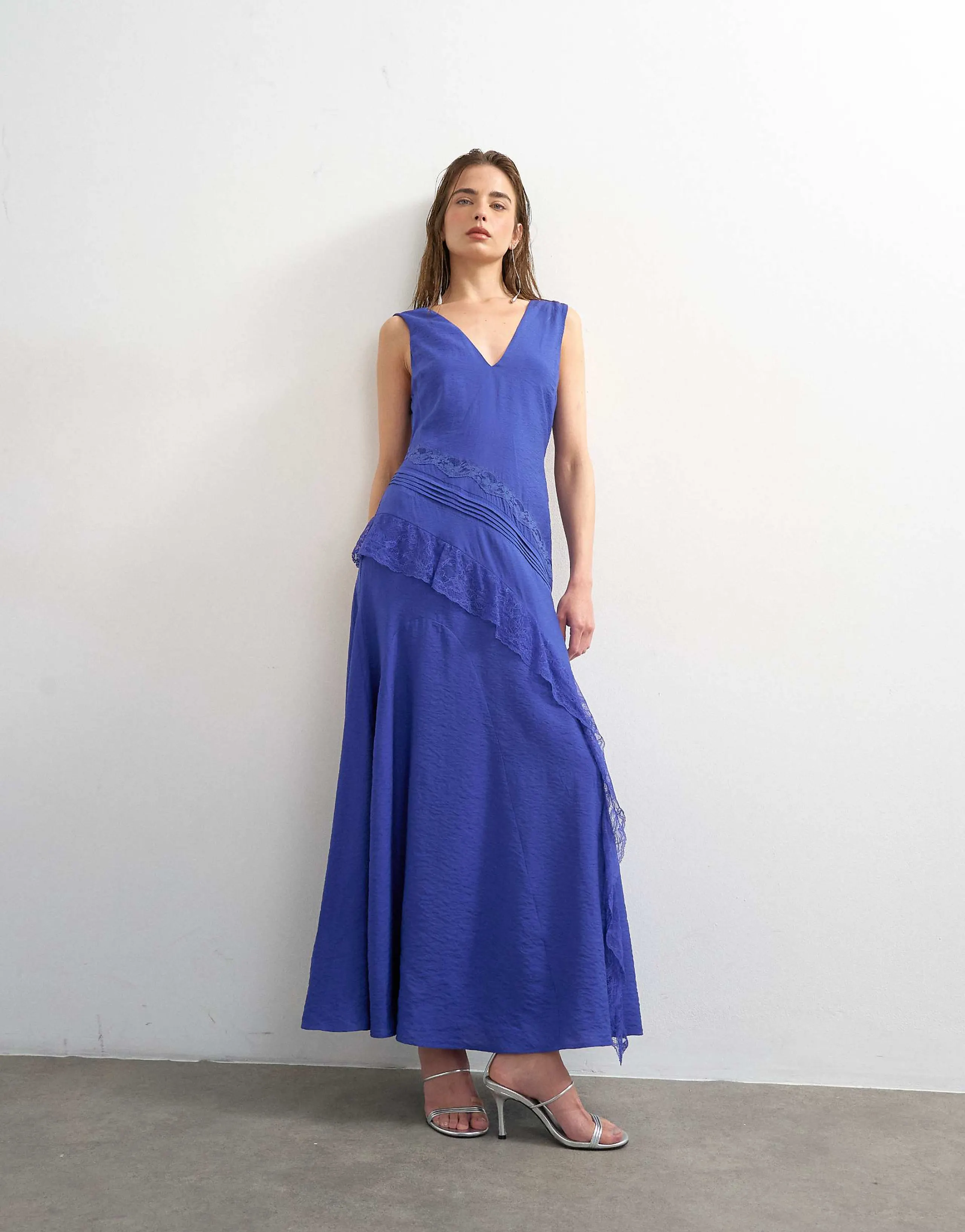 Topshop deep v lace insert maxi dress in cobalt