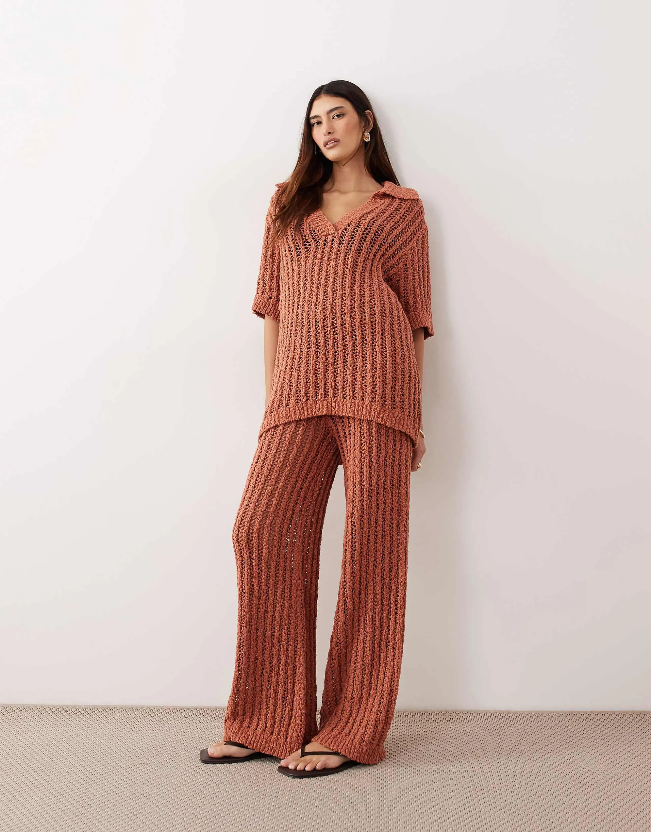 ARRANGE crochet straight leg pants in terracotta - part of a set