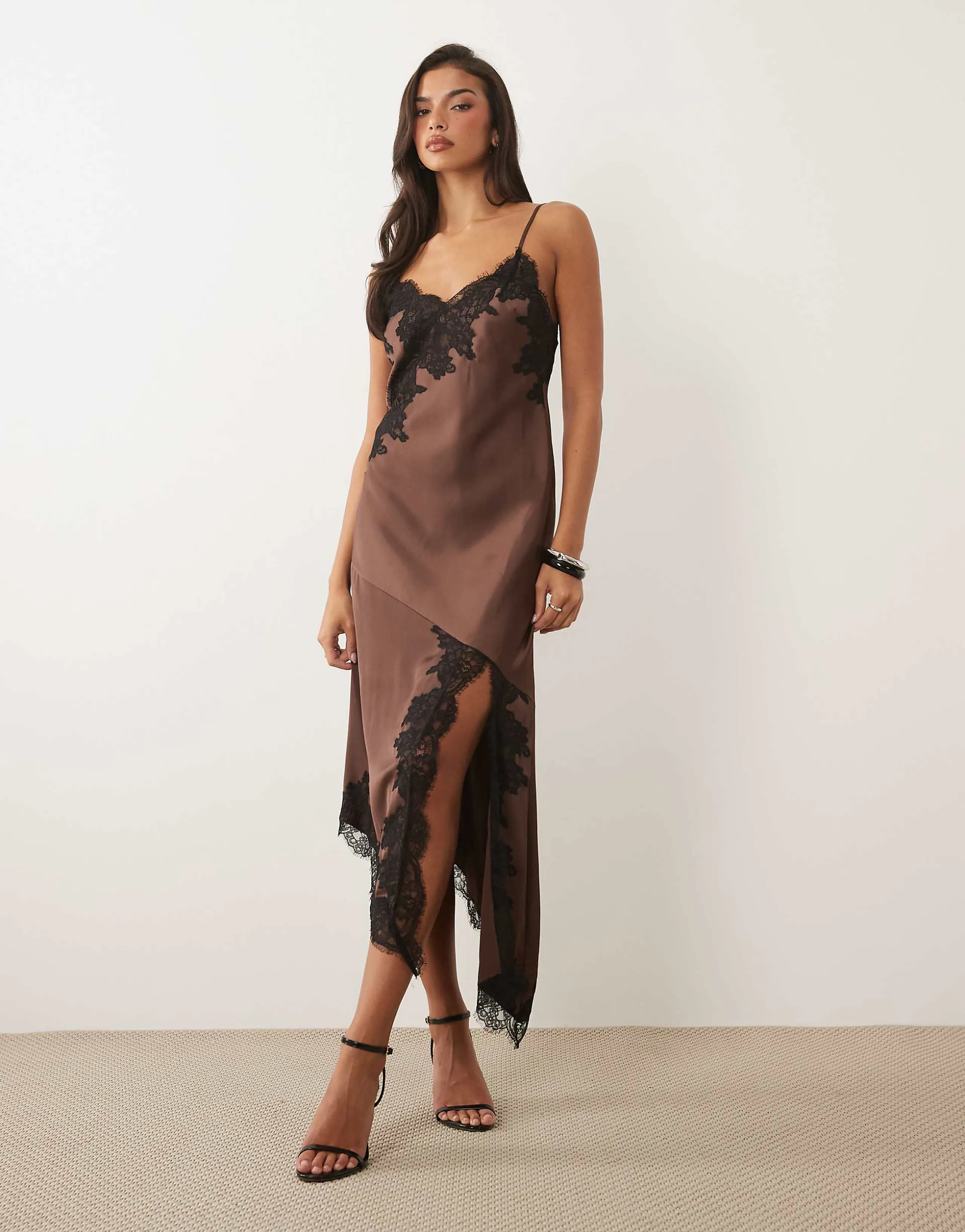 Nobody's Child Zaria satin lace trim split front cami midi dress in brown