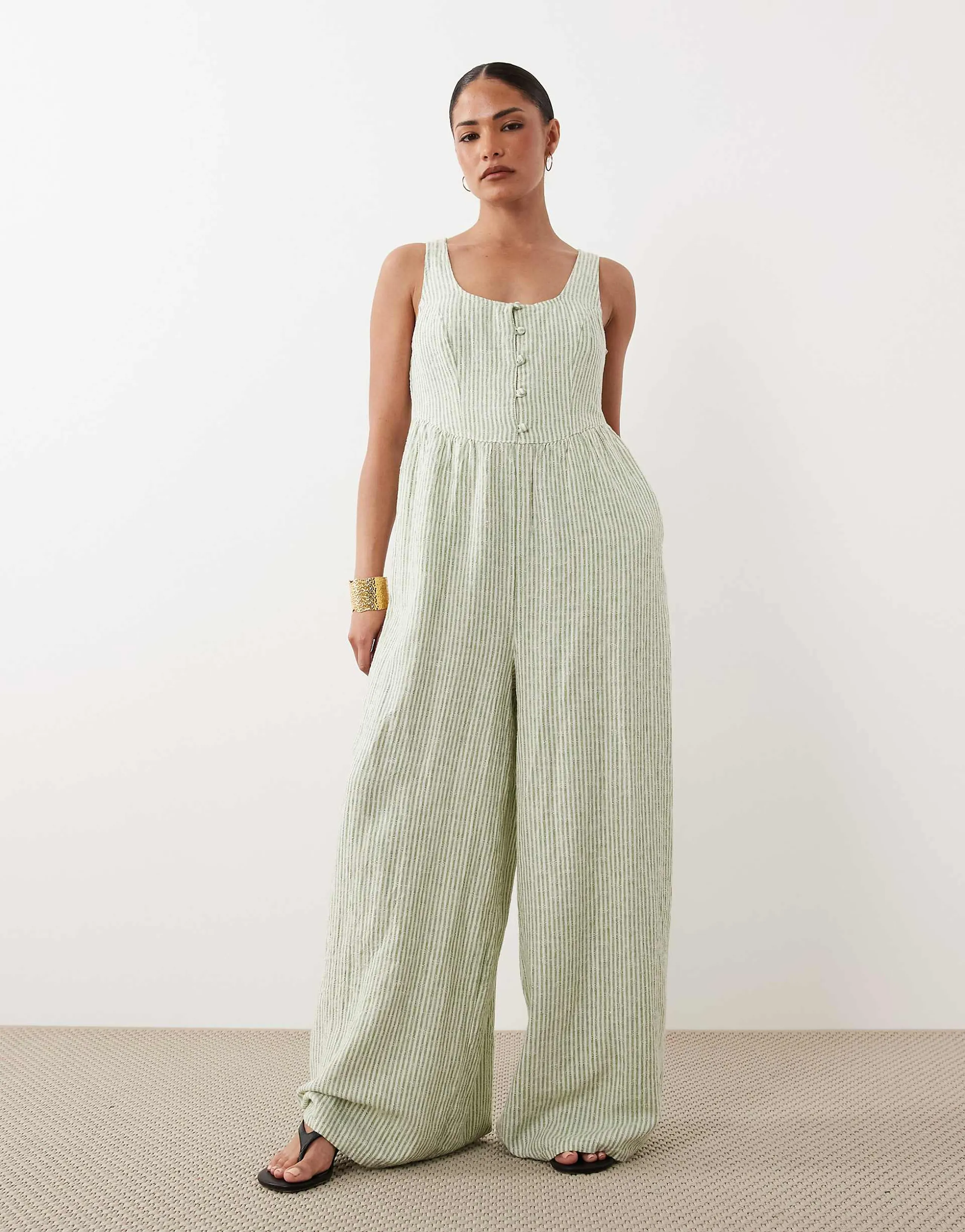 Nobody's Child Petite Cora linen mix button front jumpsuit in green stripes