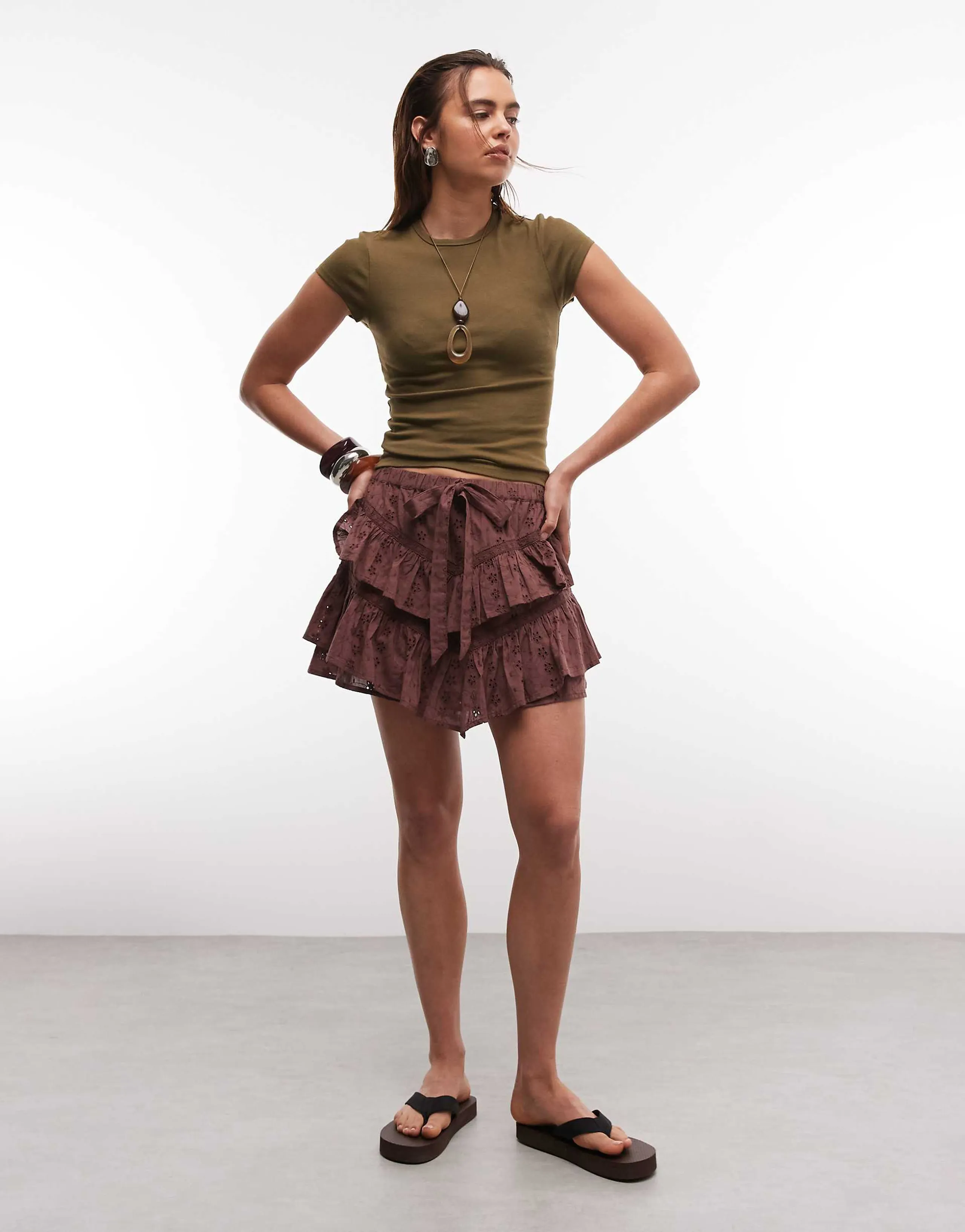 Reclaimed Vintage mini skort with ruffles in brown eyelet