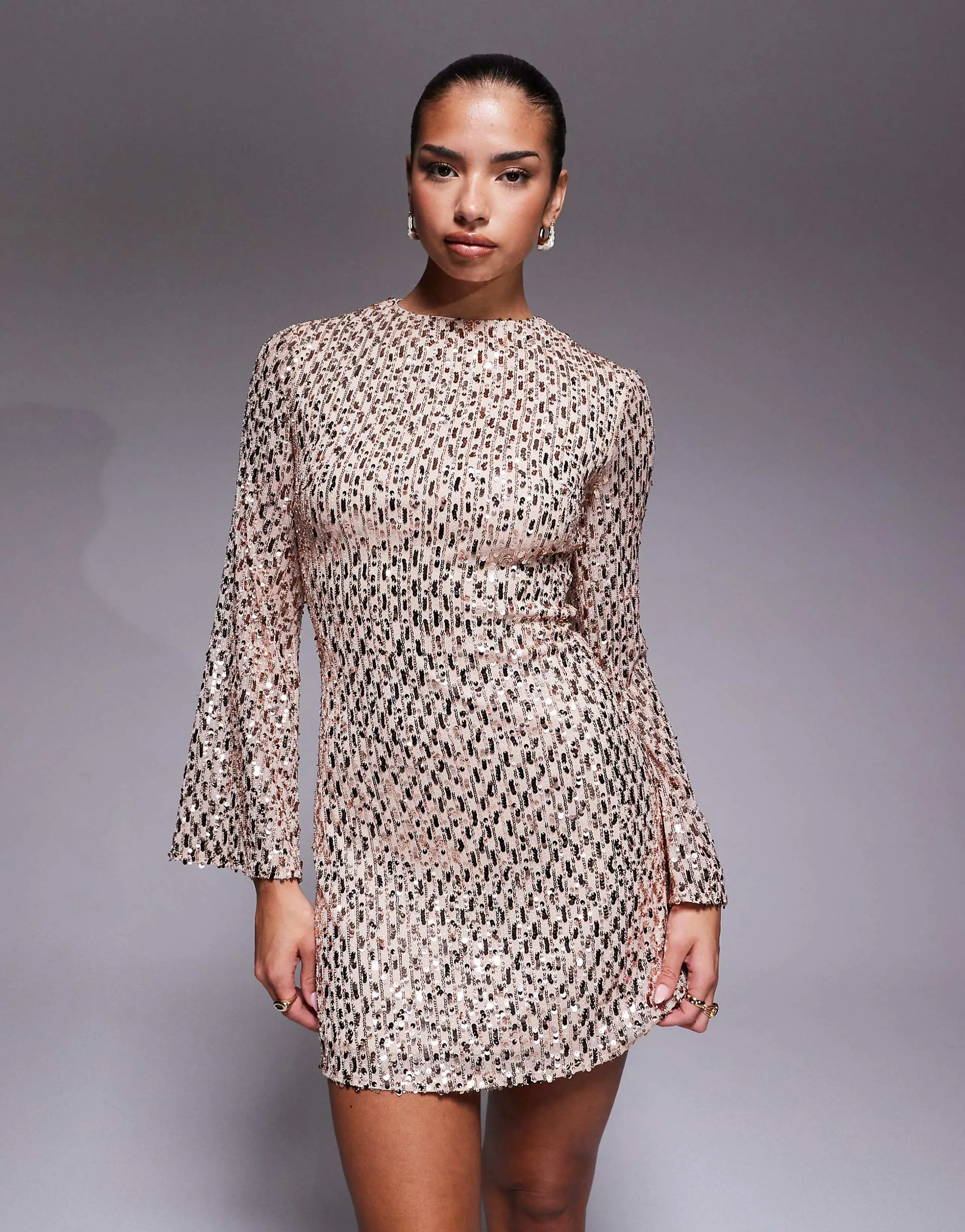 Jaded Rose fluted sleeve sequin mini dress in cream