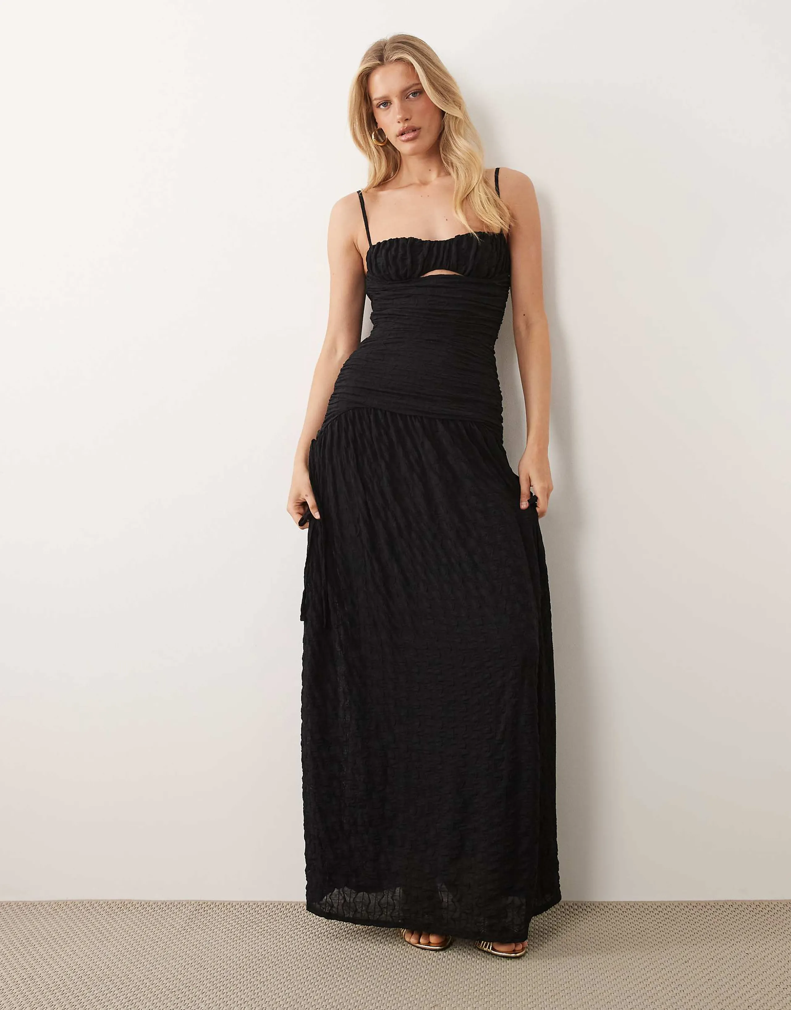 ASOS DESIGN ruched bodice textured mesh maxi dress with tie details in black
