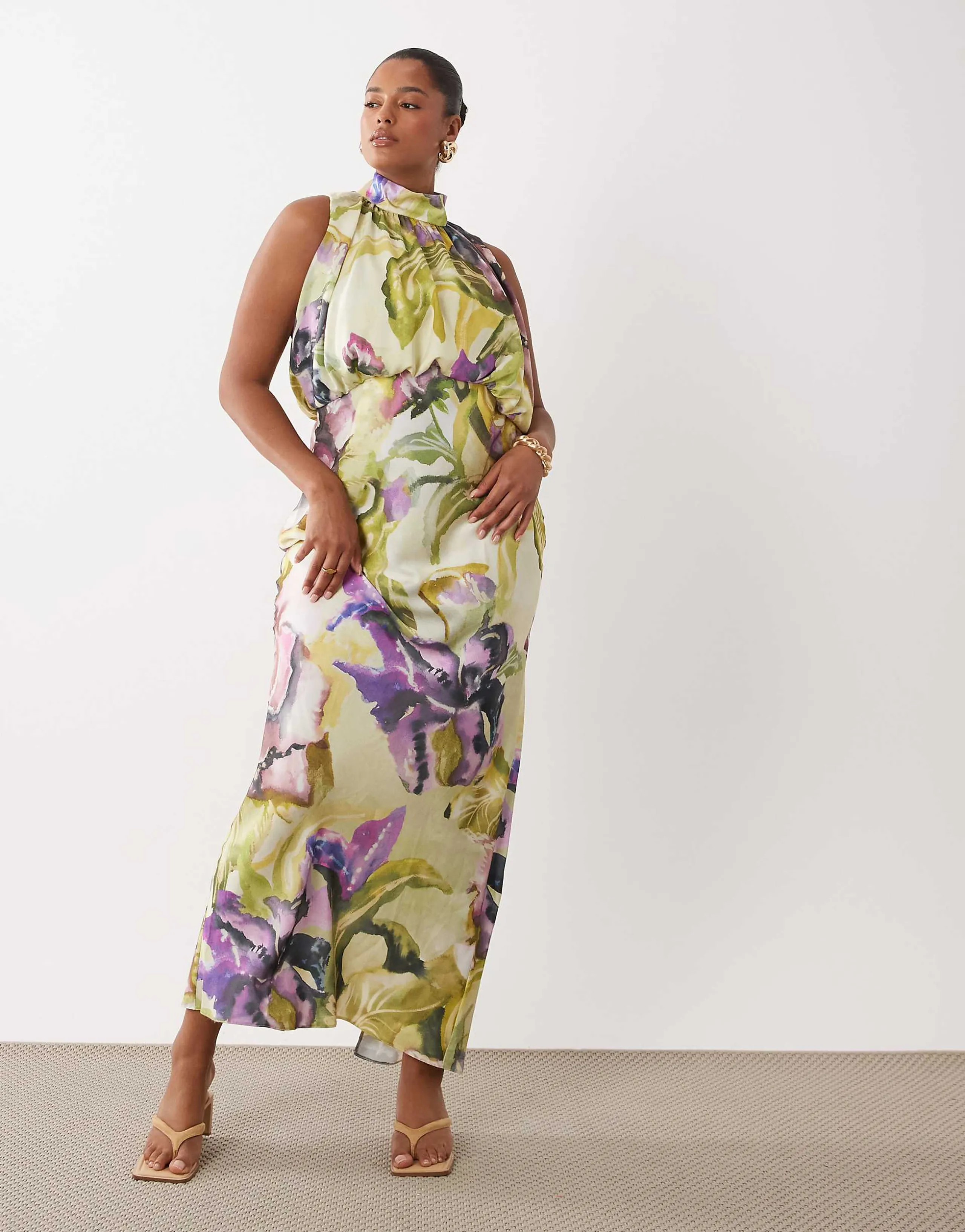ASOS DESIGN Curve halter neck blouson satin maxi dress in painted floral print
