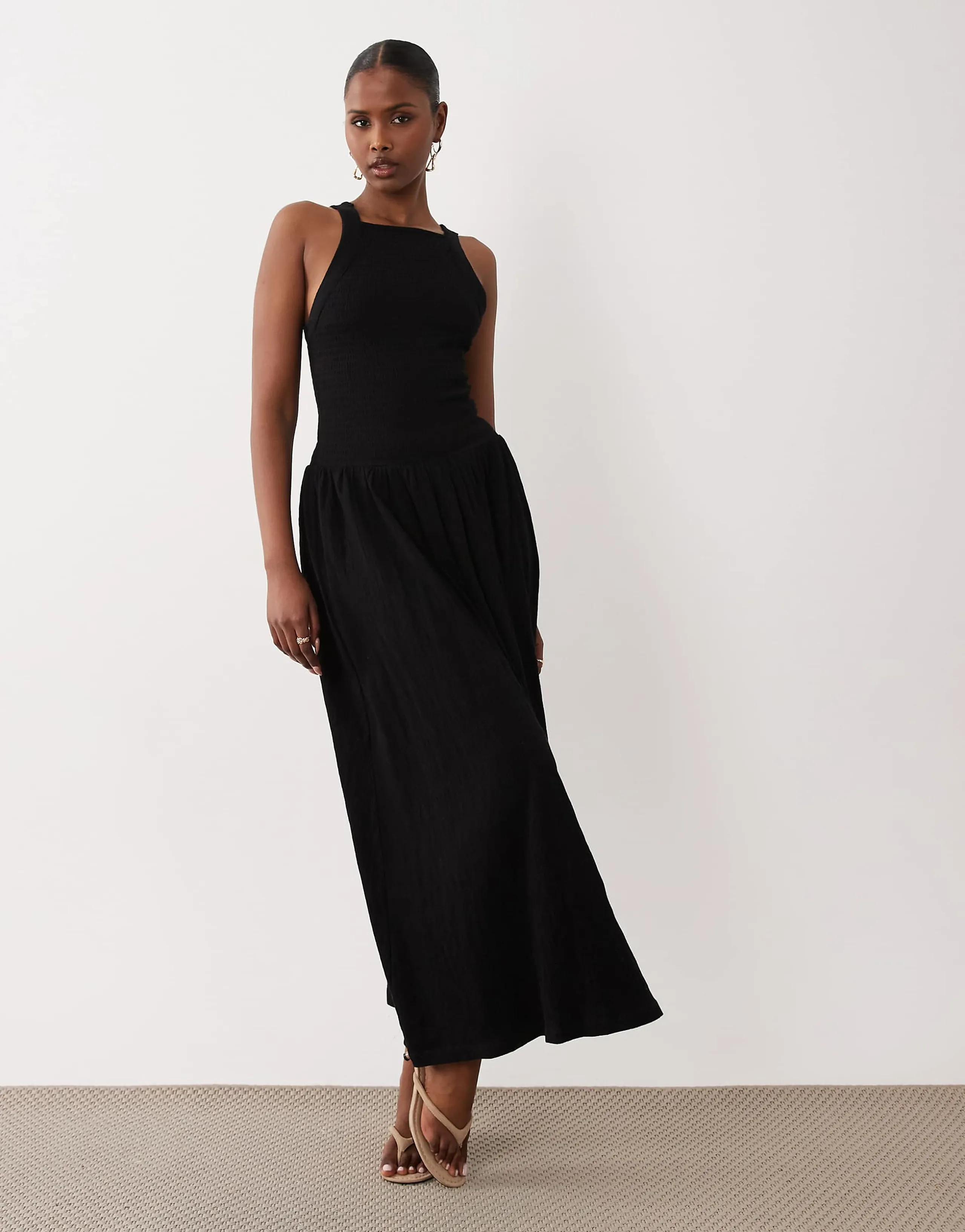 ASOS DESIGN crinkle built-up cross-back midi dress in black