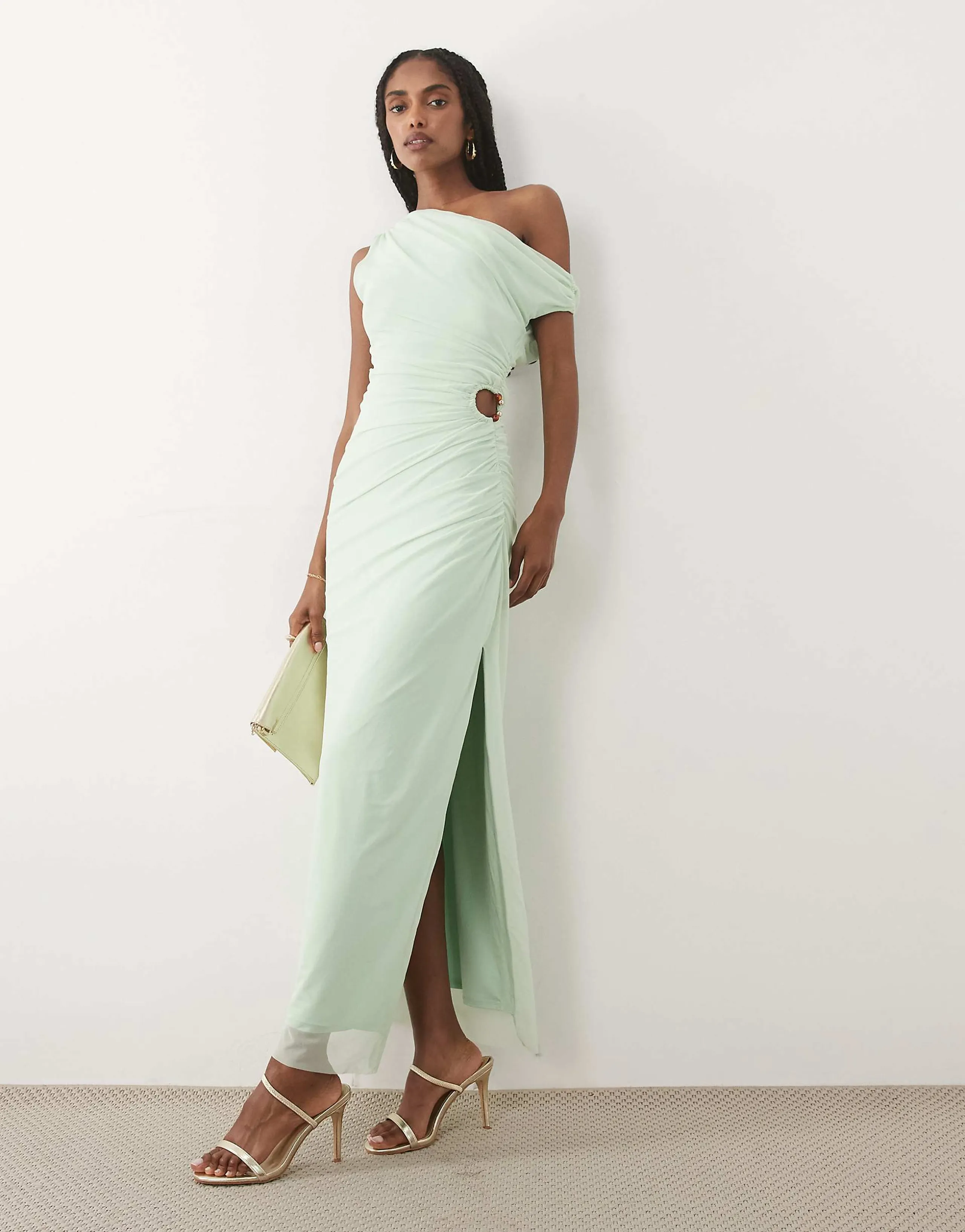 Abercrombie & Fitch one shoulder mesh maxi dress with cutout detail in green