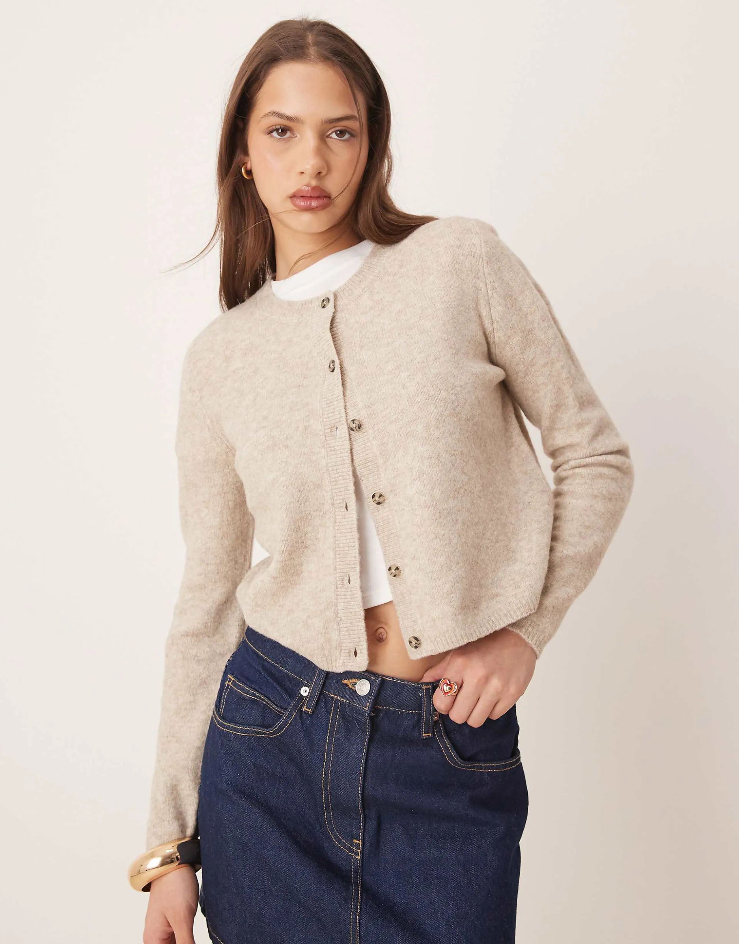 JDY crew neck wool blend cardigan in beige